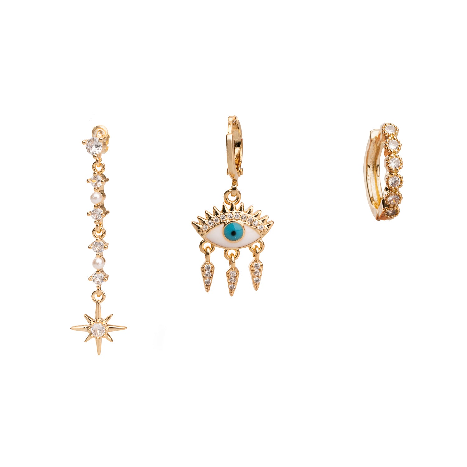 Gold trio earring set featuring the Guidance Star, Evil Eye, and diamond-adorned hoop for style and protection.