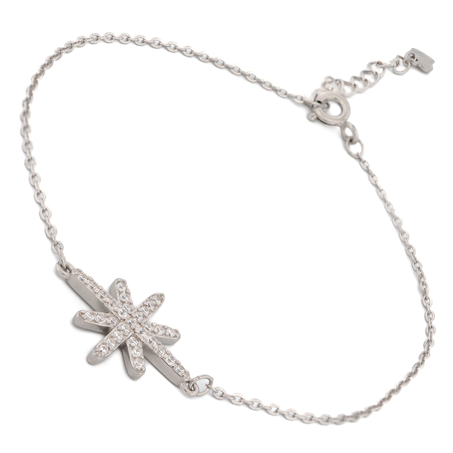 Stylish sterling silver chain bracelet featuring a star charm with dazzling CZ diamonds, symbolizing protection and elegance.