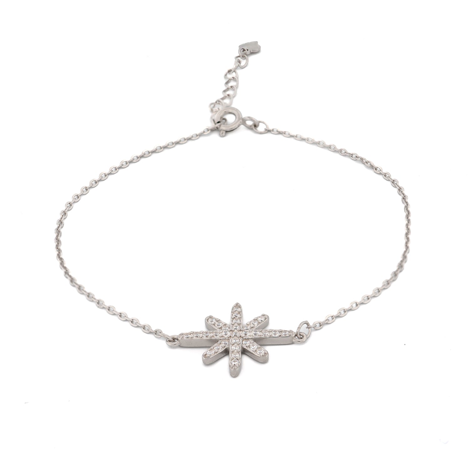 Elegant 925 sterling silver bracelet featuring a radiant star charm with sparkling CZ diamonds, symbolizing guidance and protection.