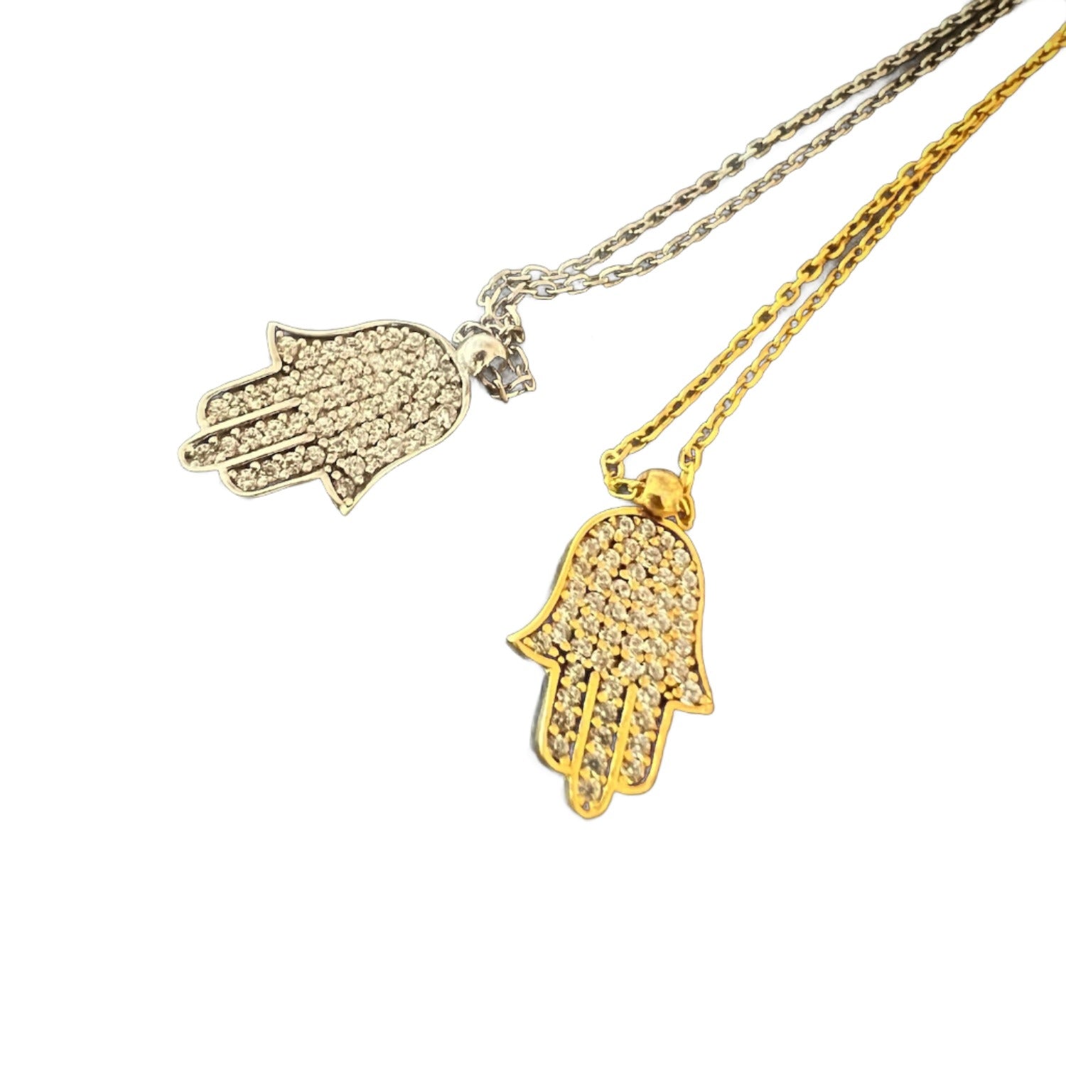 Sterling Silver Hamsa Necklace - Embrace the spiritual power of the Hamsa with this sterling silver necklace, featuring a delicate pendant and zircon stone.