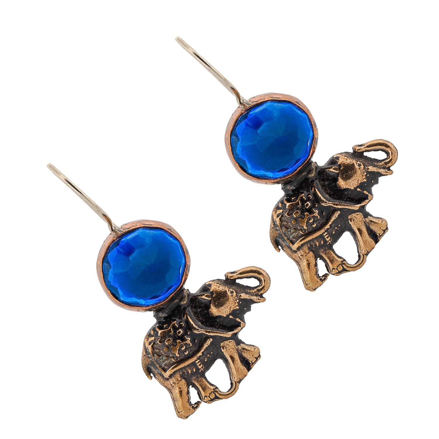 Unique Elephant Earrings in bronze with sapphire gemstones, an expression of positivity and joy.
