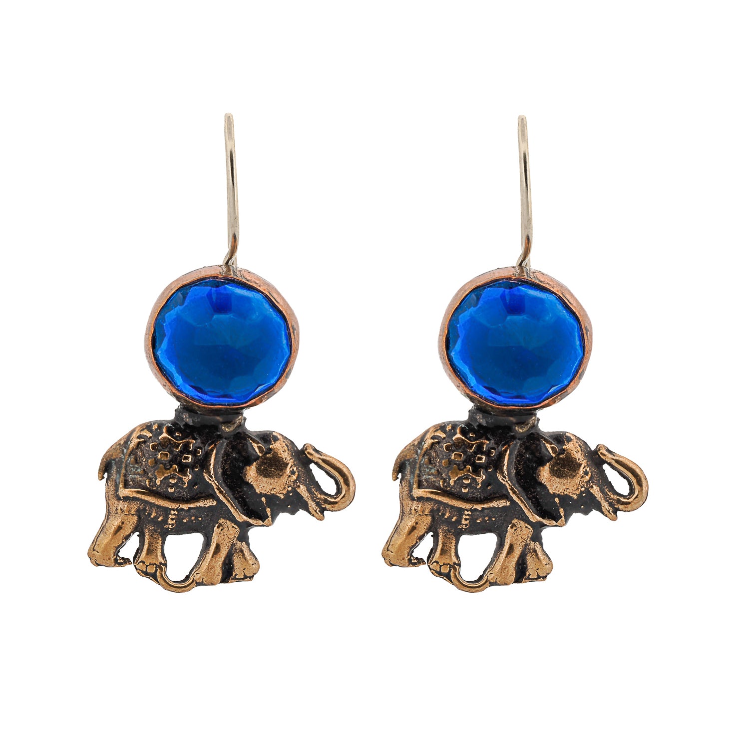 Handmade Unique Elephant Earrings with bronze charm and sapphire gemstones, a symbol of wisdom and joy.