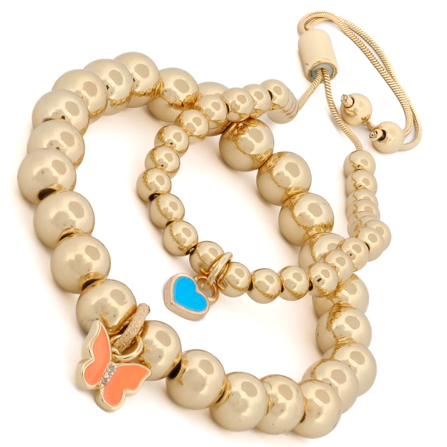 Happiness Butterfly &amp; Blue Heart Charm Gold Beaded Bracelet Set
