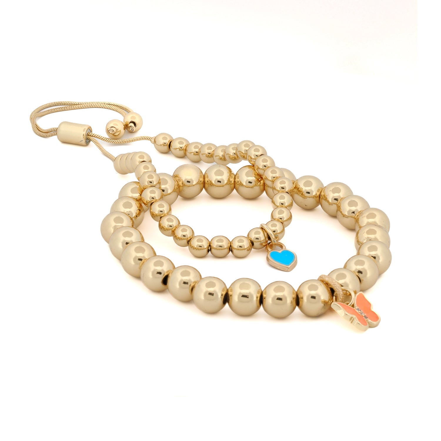 Happiness Butterfly &amp; Blue Heart Charm Gold Beaded Bracelet Set