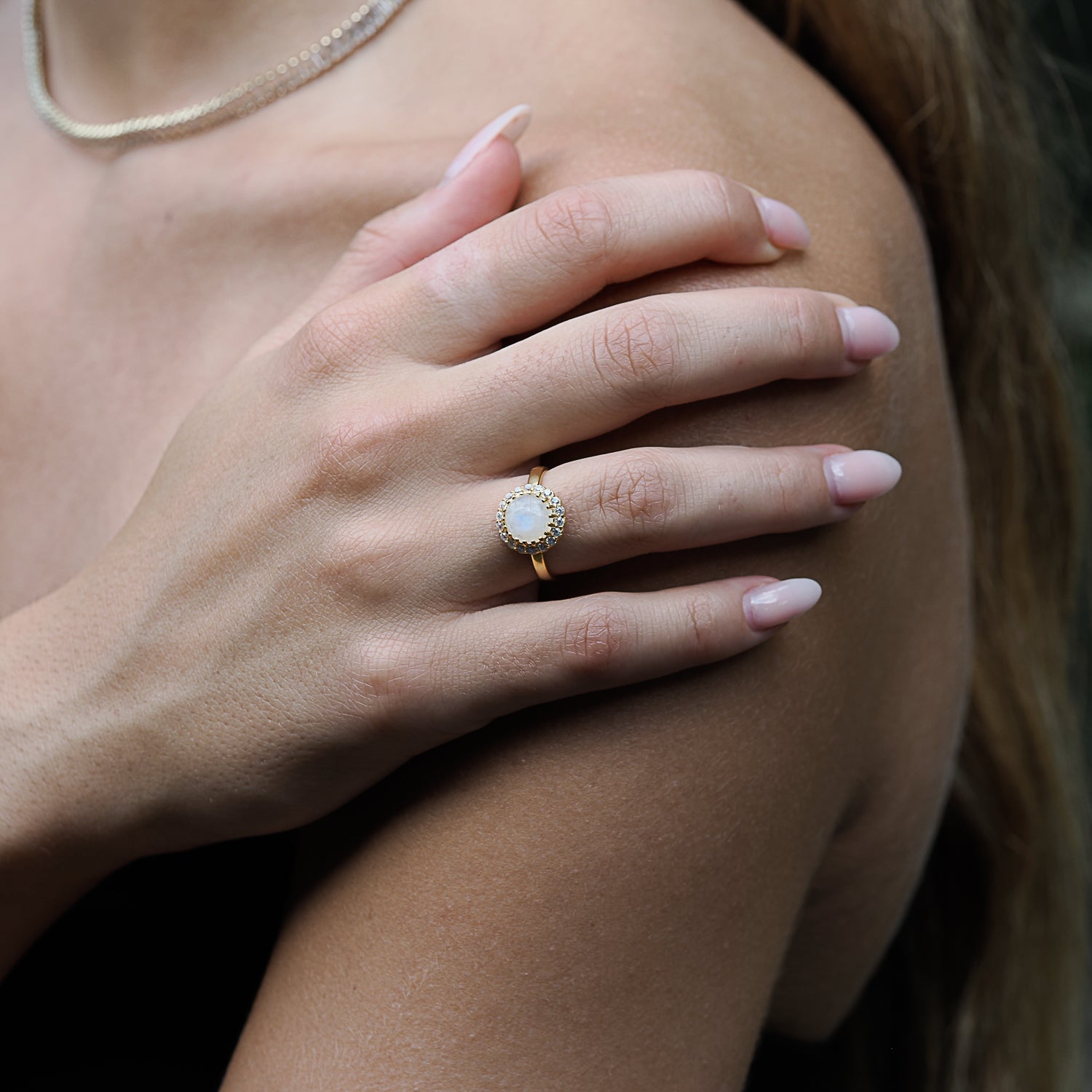 Model Wearing Moonstone &amp; Cz Diamond Ring - Timeless Beauty