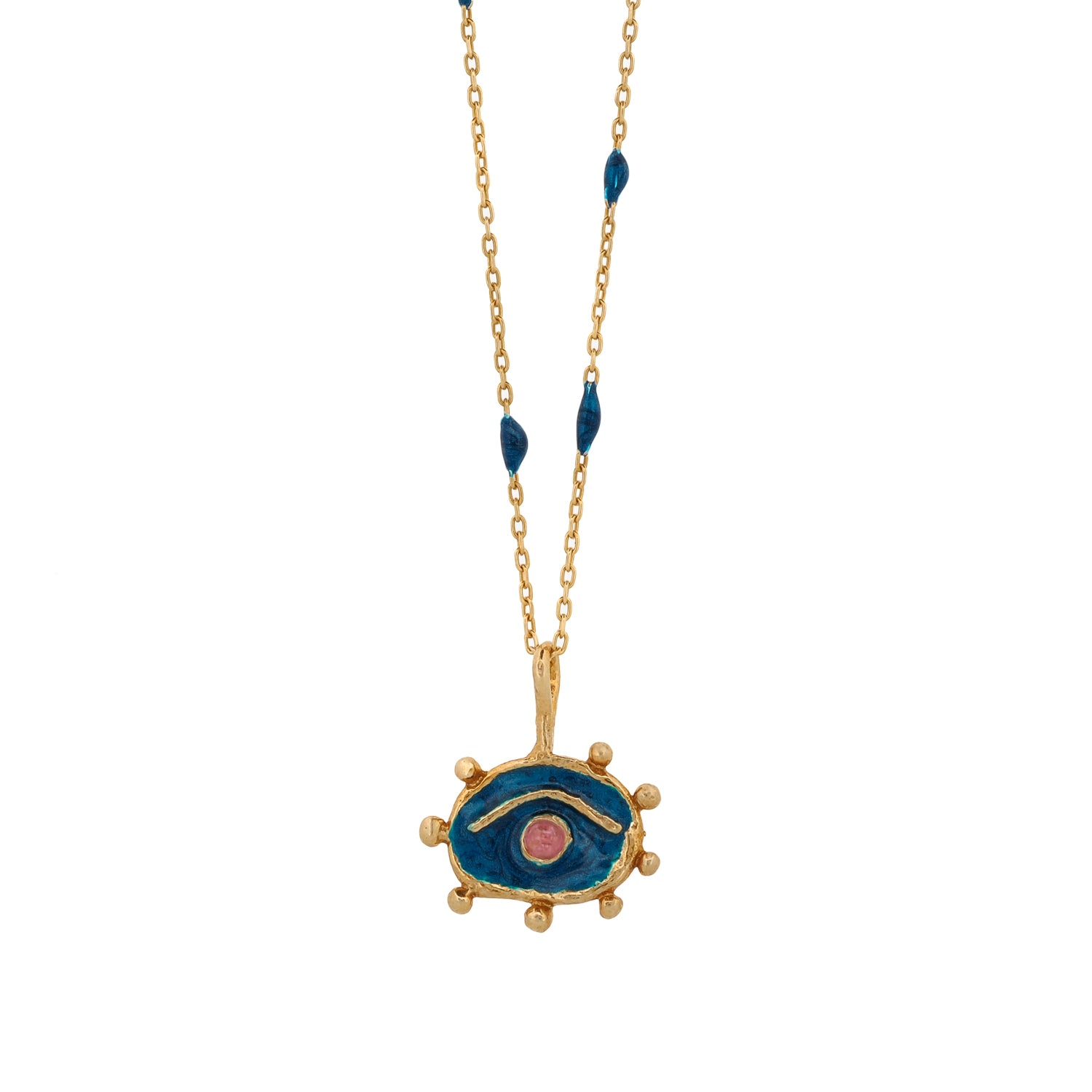 Hittite Sun Blue Enamel Pink Tourmaline Eye Gold Necklace