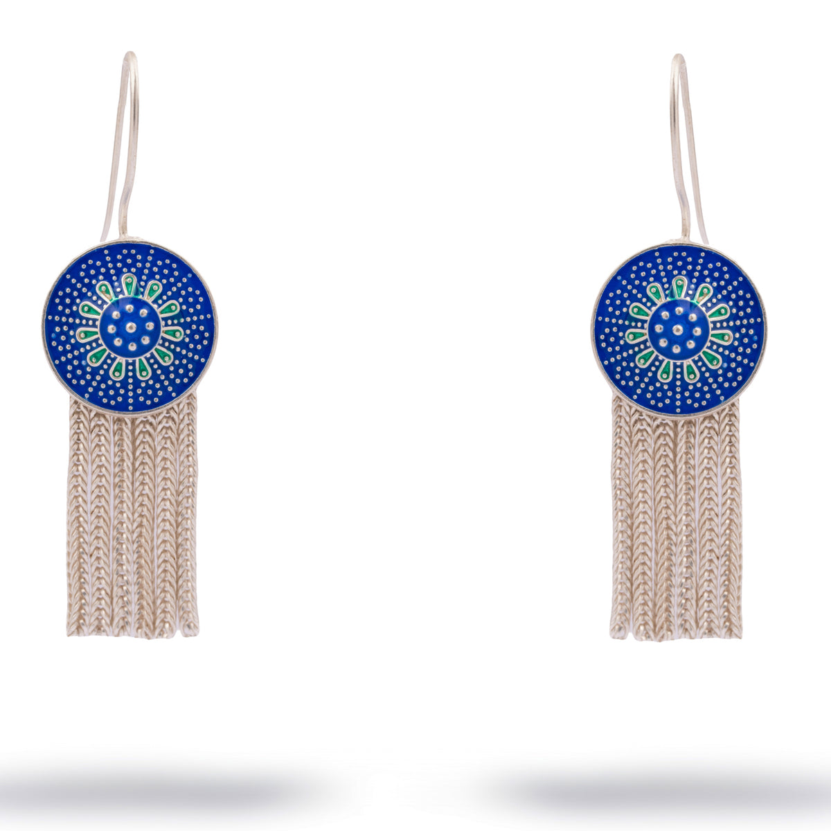 Pair of cobalt enamel bloom medallion earrings shown on their silver hooks against white