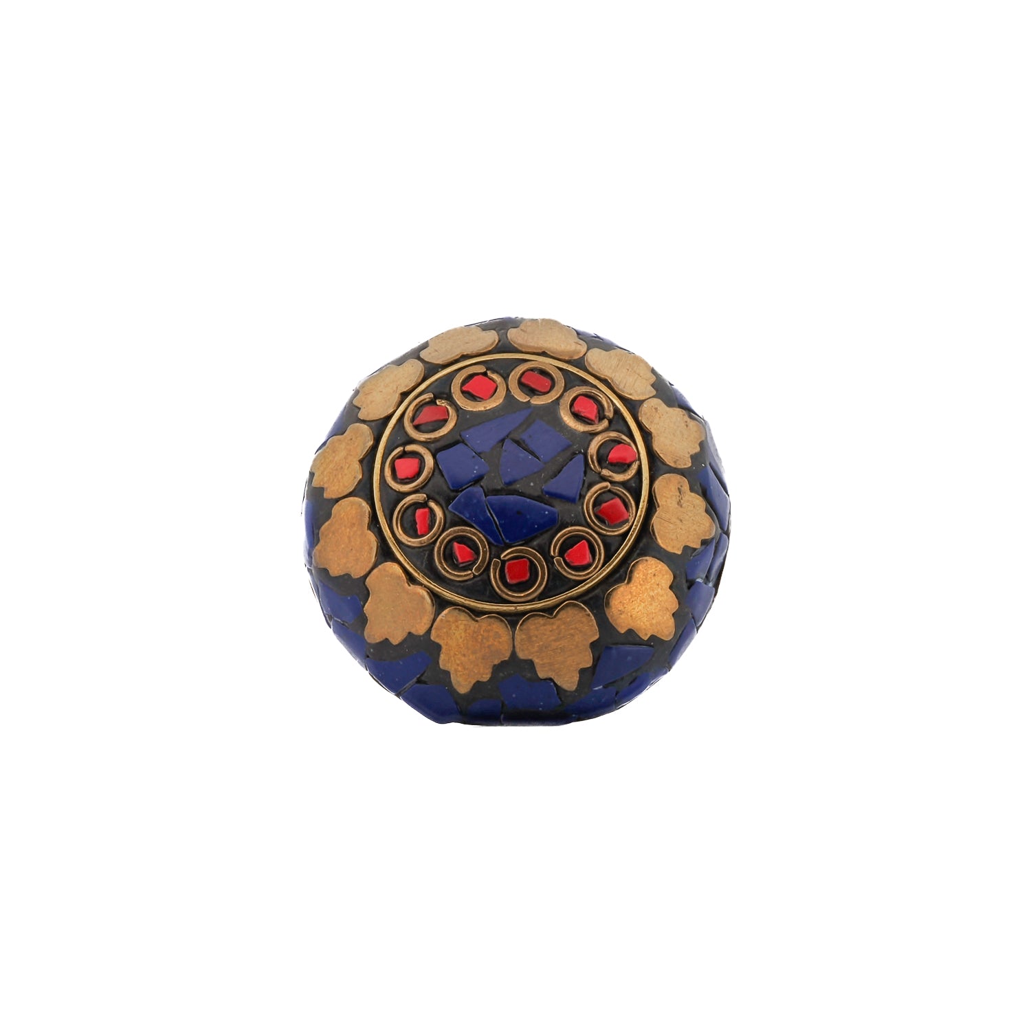 Chunky Nepalese ring with deep blue Lapis Lazuli and vibrant Coral inlay on a brass band