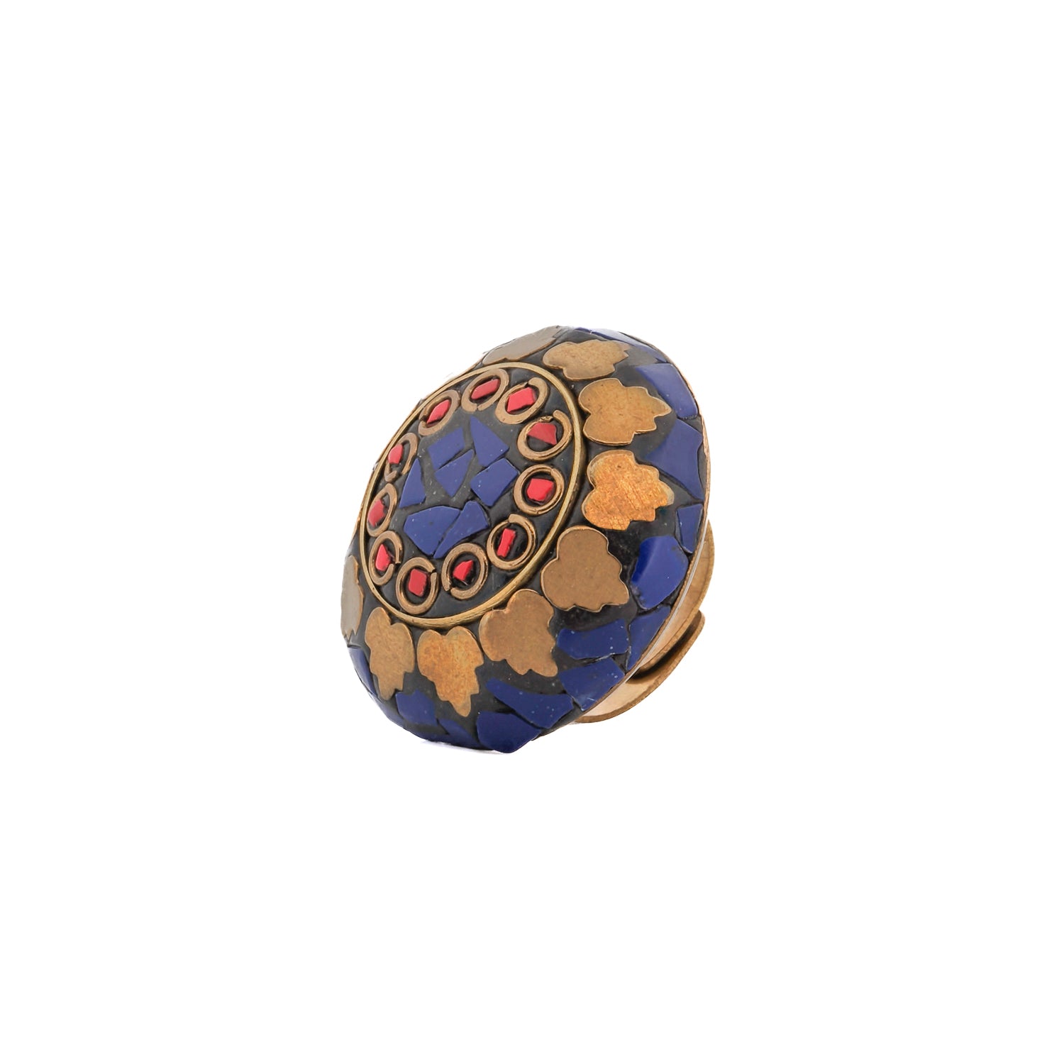 Adjustable chunky ring with Lapis and Coral gemstones in a Nepalese-inspired design