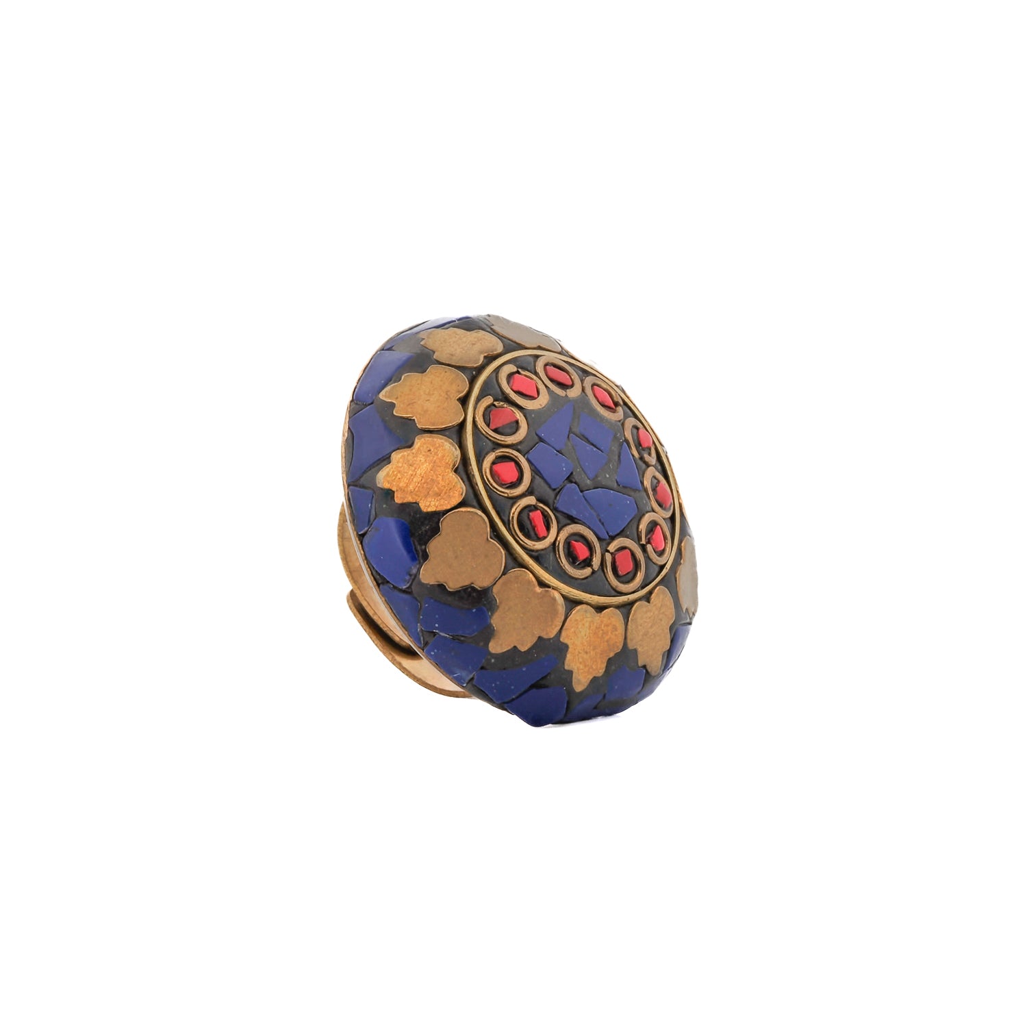 Unique Lapis and Coral inlay chunky ring with a traditional Nepalese flair, adjustable size