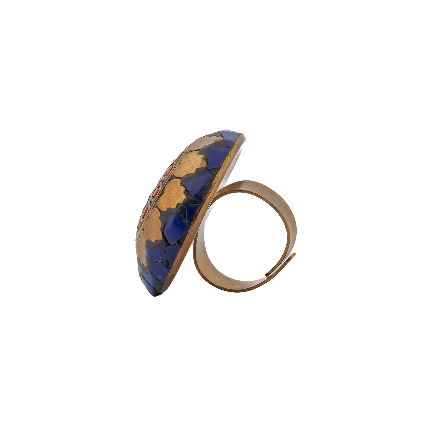 Lapis and Coral gemstone inlaid brass ring in a chunky Nepalese design, handmade and adjustable