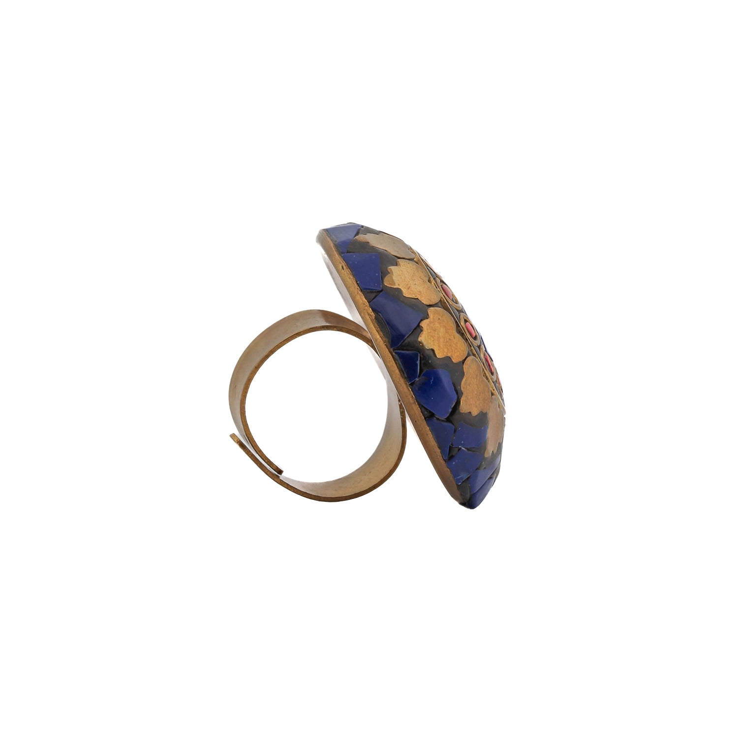 Handmade Lapis Lazuli and Coral inlay ring in a bold Nepalese design, adjustable for comfort