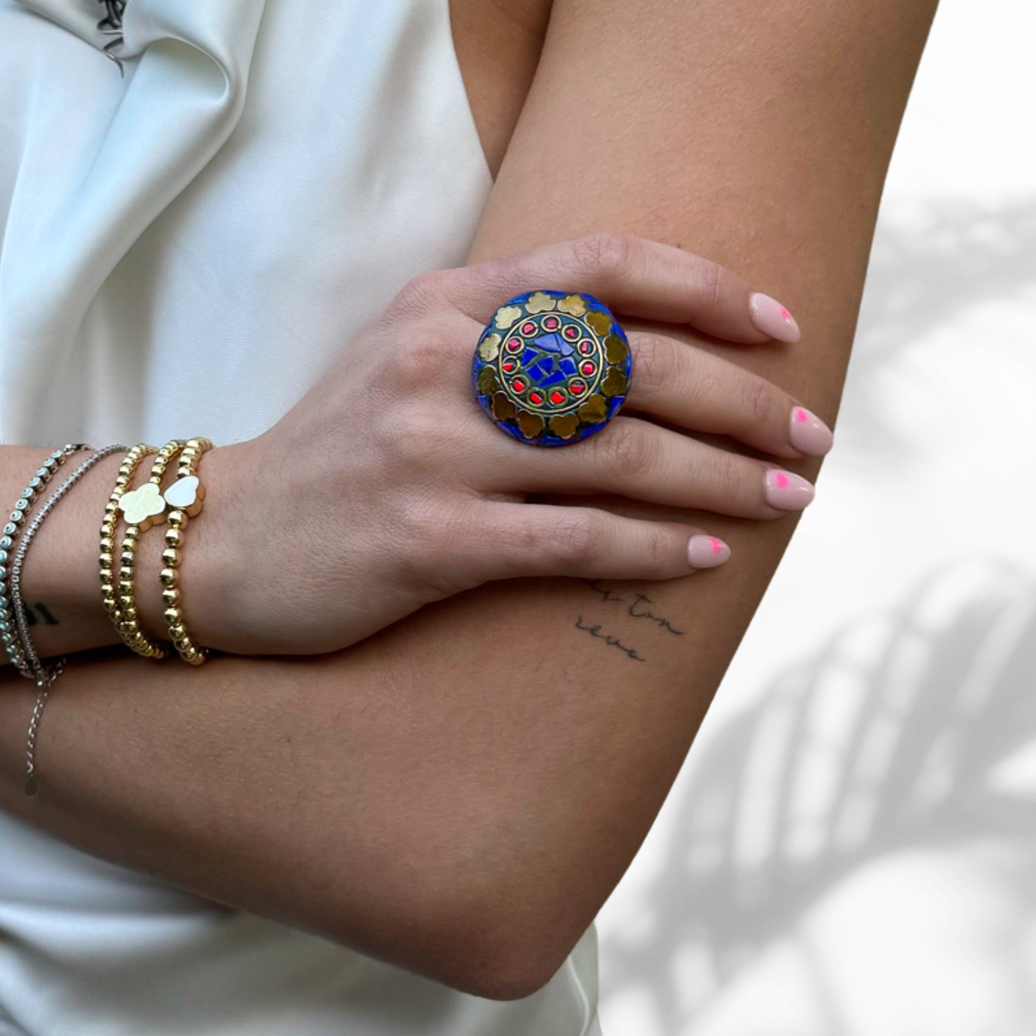 Bold Lapis and Coral gemstone chunky ring in traditional Nepalese design, adjustable size