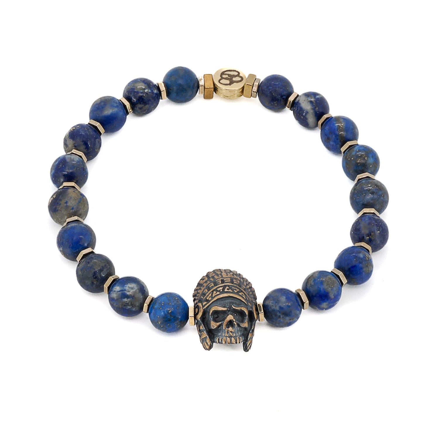 Handcrafted bracelet with 8mm Lapis Lazuli stone beads and gold hematite spacers, featuring a bronze Indian Chief charm