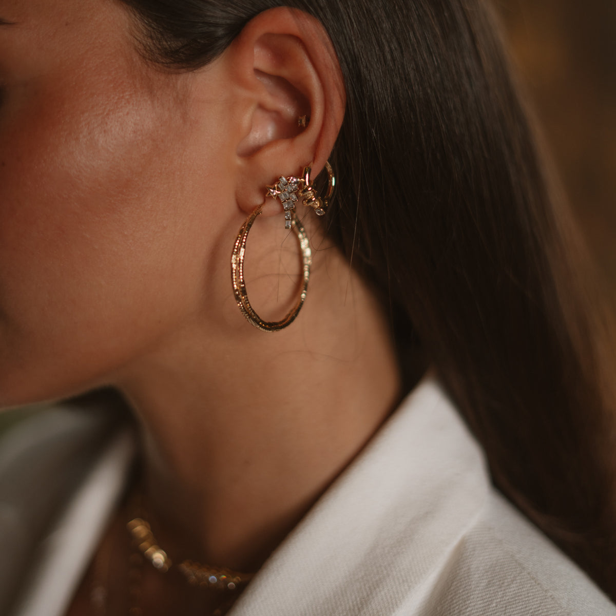 Love Knot Diamond &amp; Gold Huggies Hoop Earrings