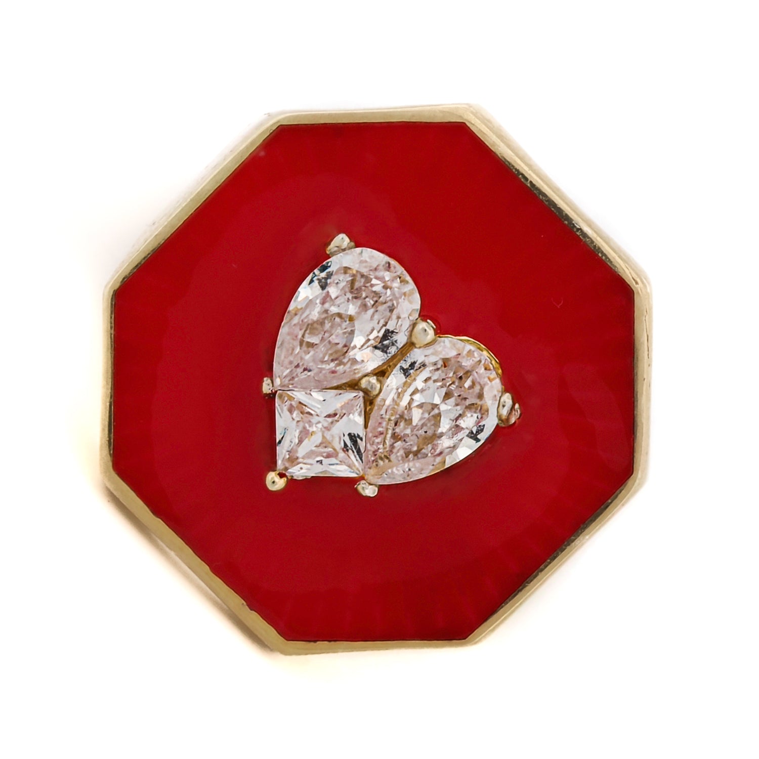 Radiating Love: Valentine's Red Enamel Diamond Heart Gold Ring