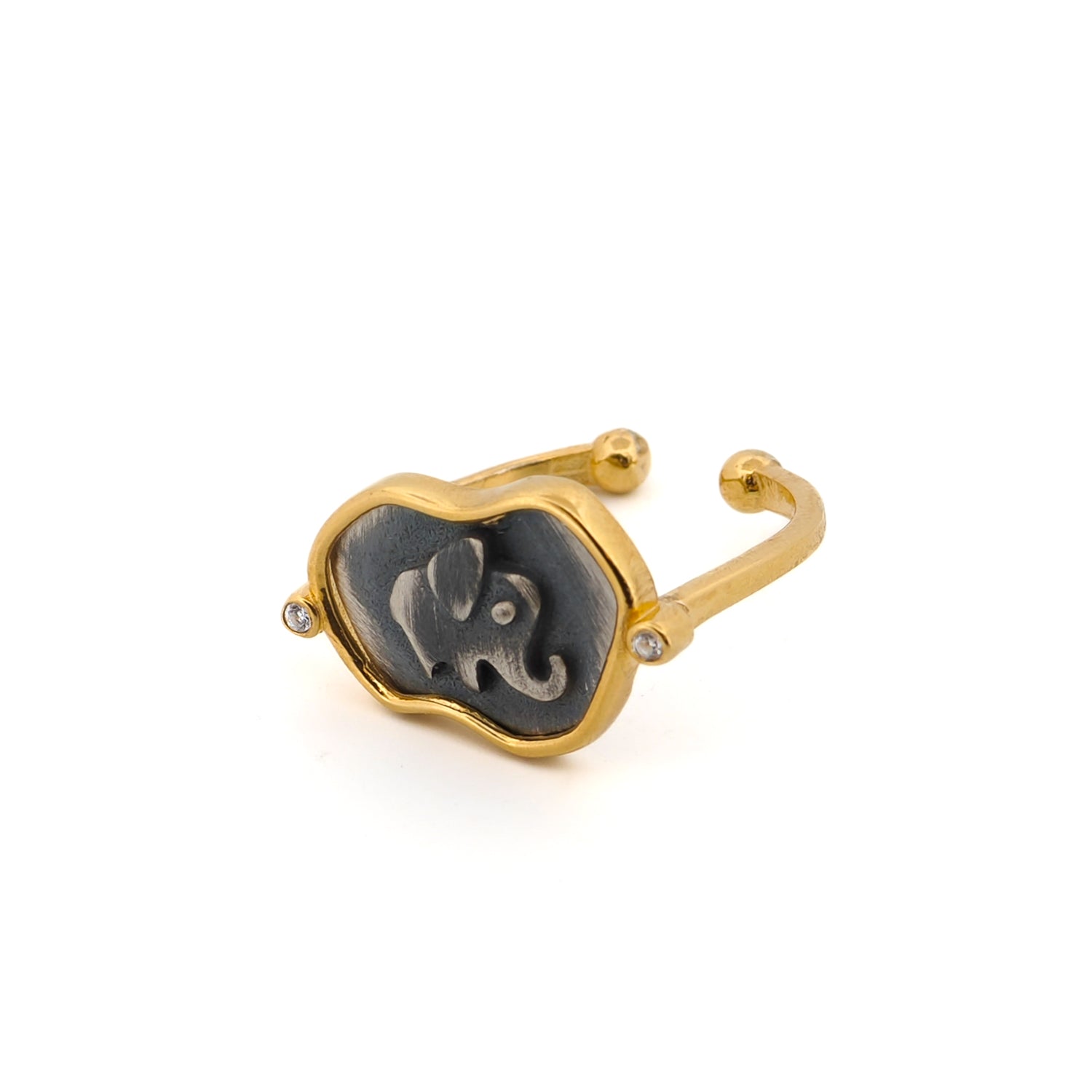 Charming sterling silver signet ring with an engraved lucky elephant and 18k gold-plated frame