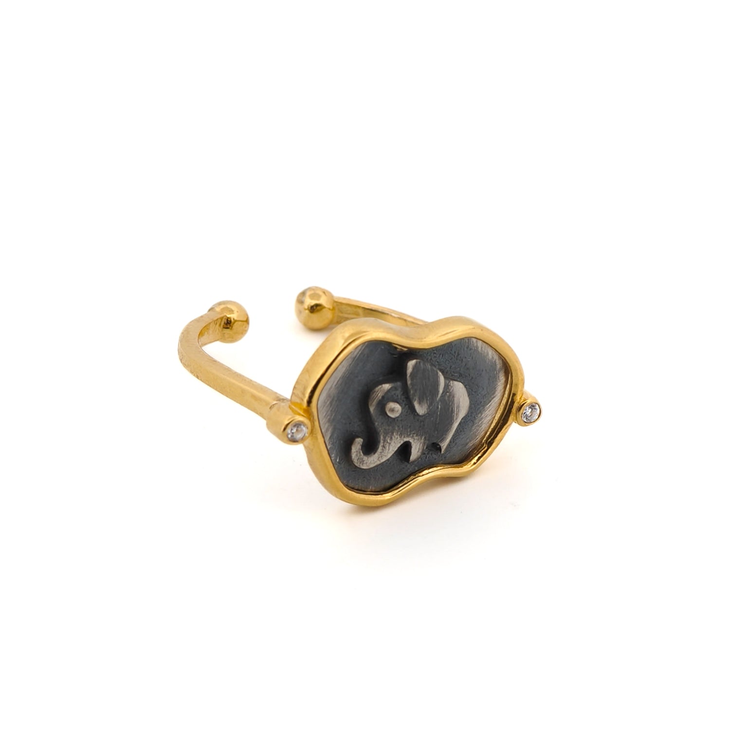 Delicate sterling silver signet ring featuring a lucky elephant motif, framed with 18k gold plating