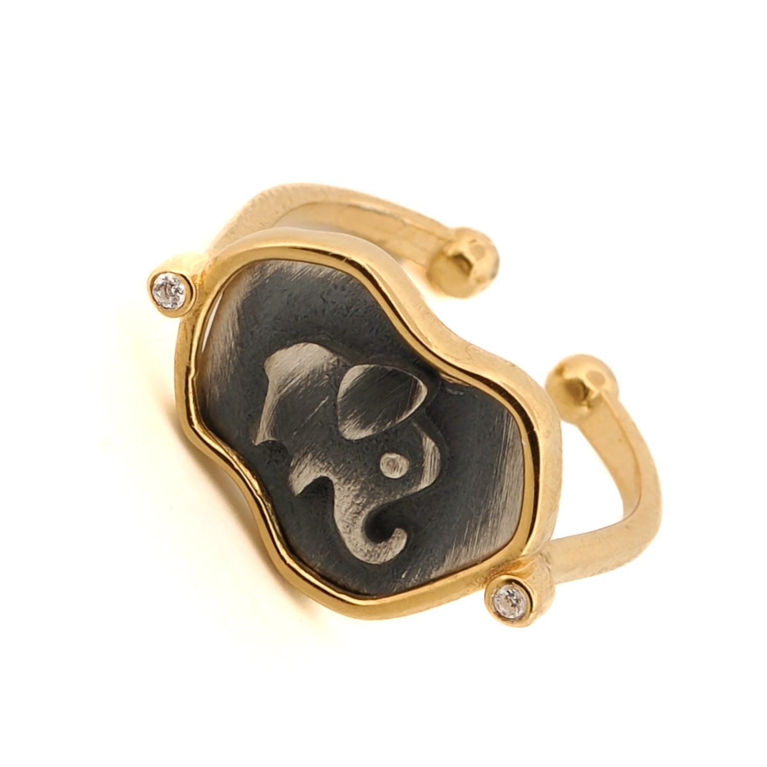 Refined signet ring with an engraved lucky elephant on a sterling silver face, surrounded by 18k gold plating