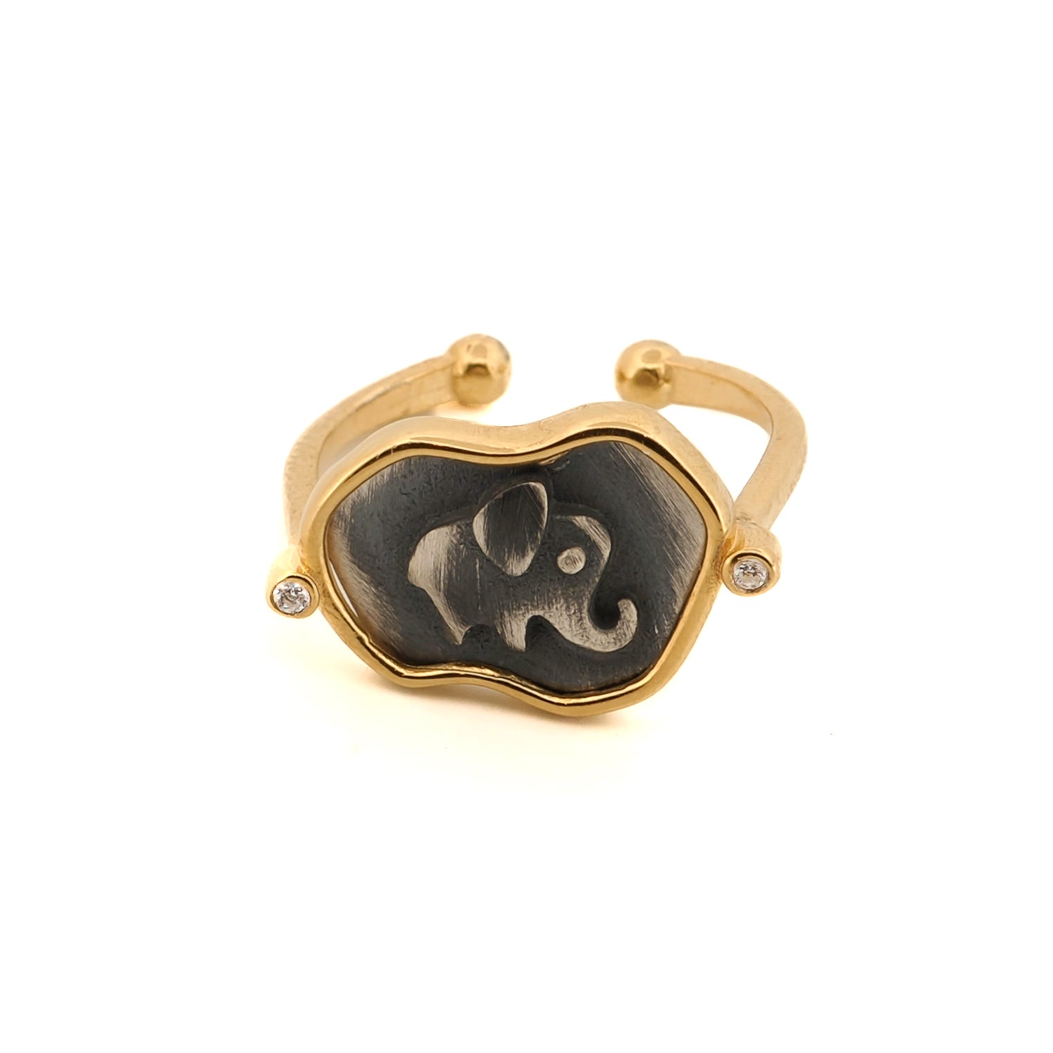 Sterling silver signet ring featuring a finely engraved lucky elephant, bordered with 18k gold plating