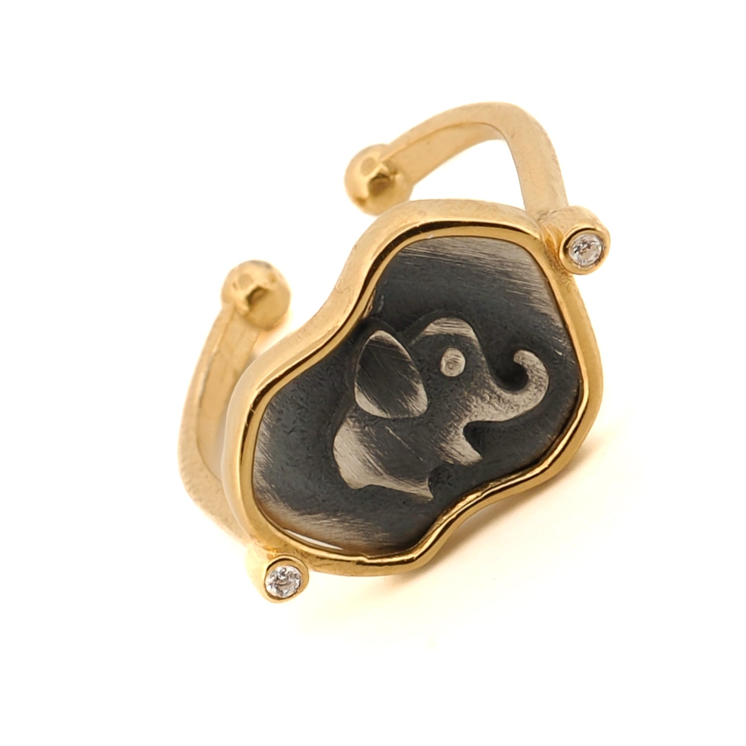 Stylish sterling silver signet ring with a lucky elephant engraving, enhanced with 18k gold-plated border