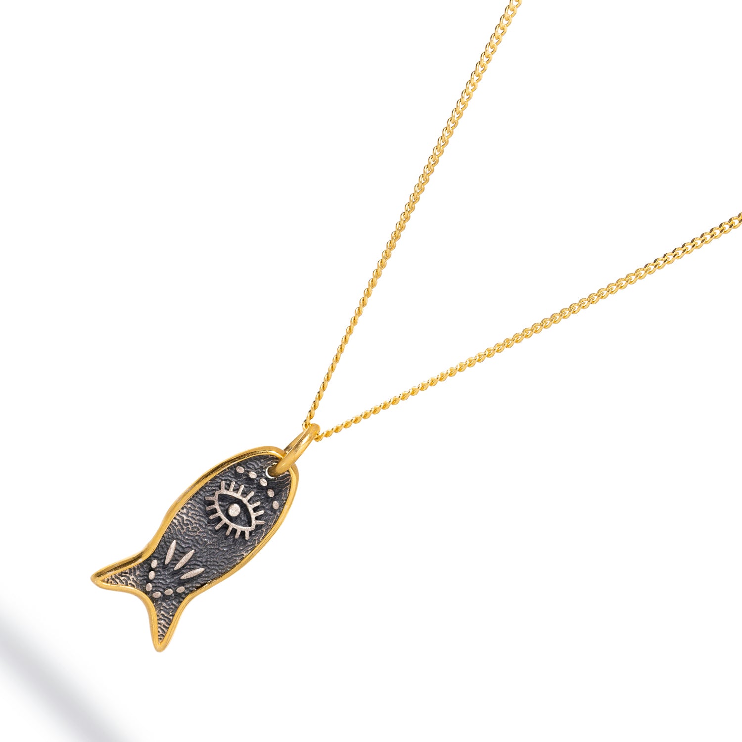 Elegant necklace with a sterling silver fish pendant, gold-plated and adorned with an evil eye symbol for protection and positivity.