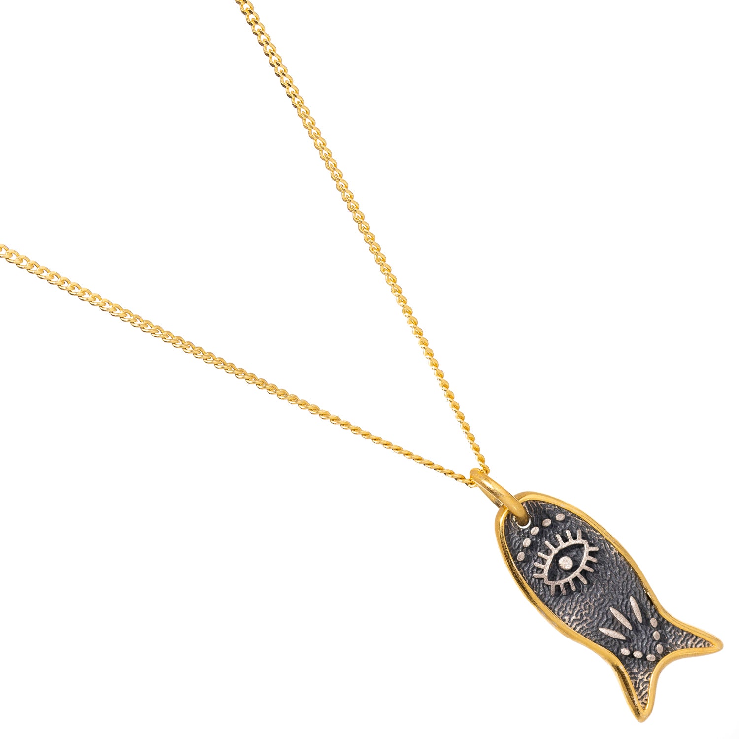 Gold-plated sterling silver necklace with a protective fish and evil eye pendant, symbolizing luck and spiritual protection.