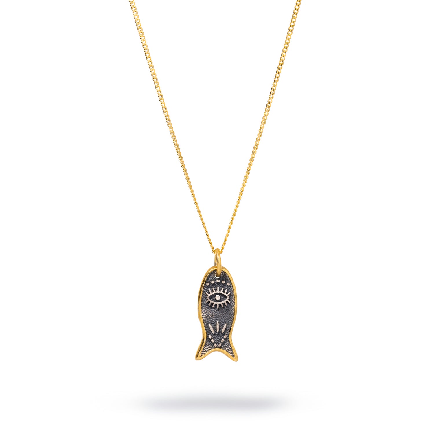 Lucky fish pendant necklace in sterling silver, adorned with an evil eye symbol and encased in 18k gold plating for protection.