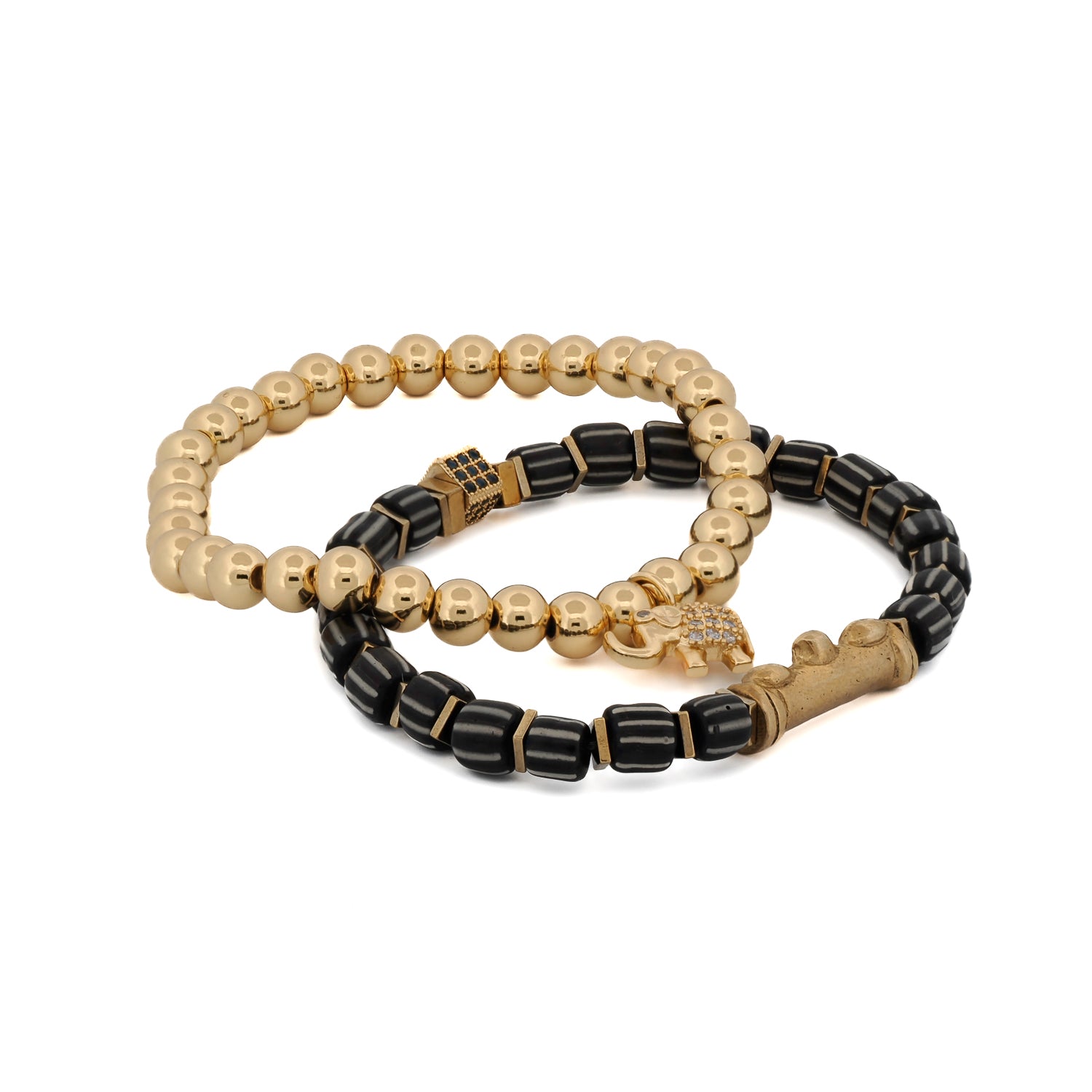 Lucky Gold Elephant &amp; Ethnic Black Beaded Bracelet Set