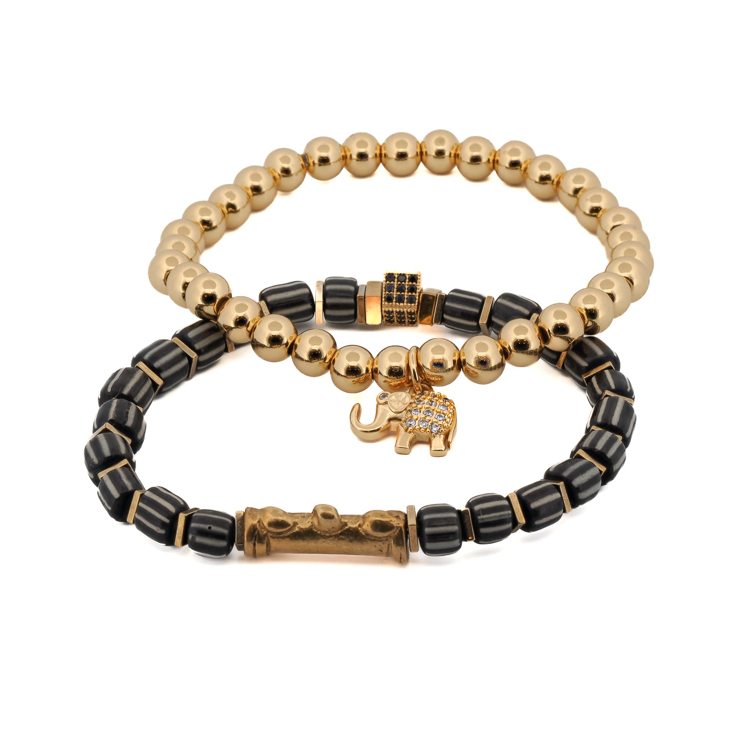 Lucky Gold Elephant &amp; Ethnic Black Beaded Bracelet Set
