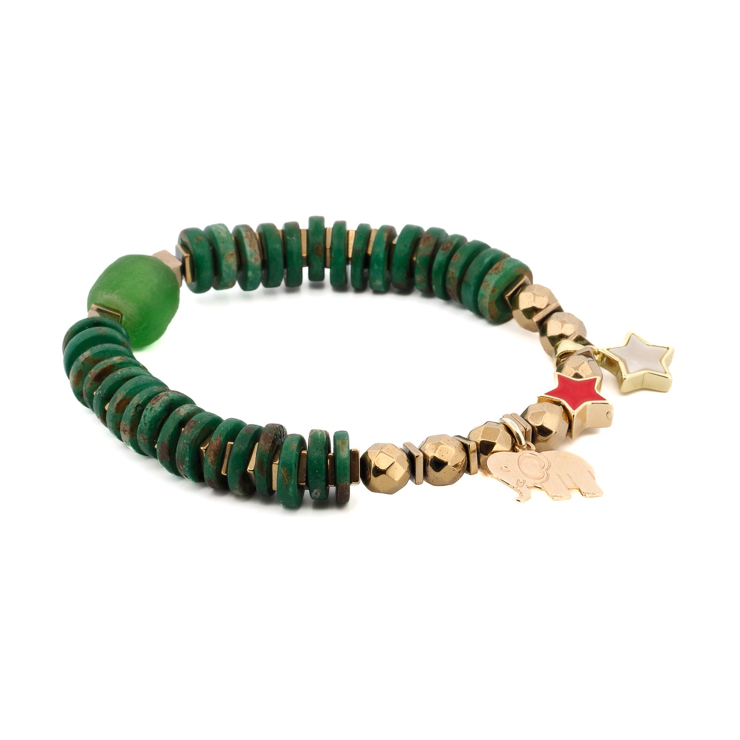 Lucky Star &amp; Elephant Charm Green Beaded Bracelet