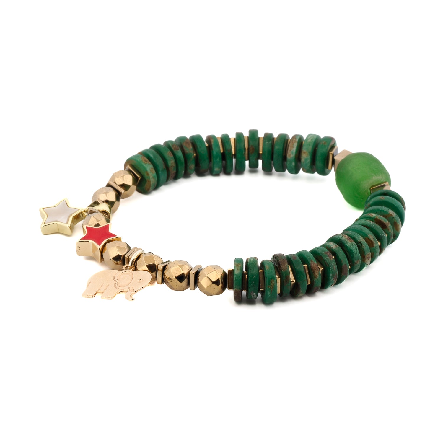 Lucky Star &amp; Elephant Charm Green Beaded Bracelet