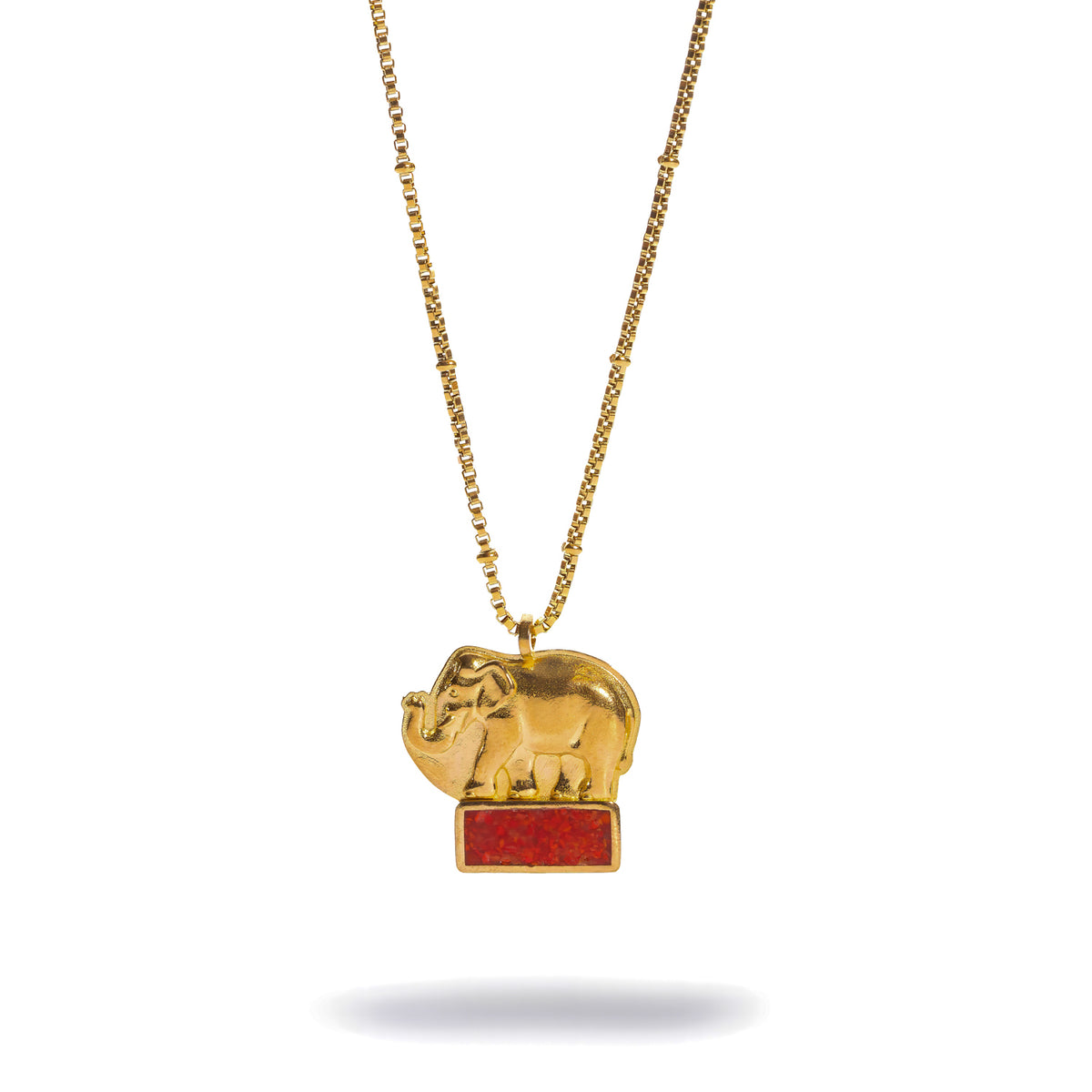 Lucky Elephant Red Coral Gold Pendant Necklace, a gold elephant with her calf above a red coral bar on a fine box chain