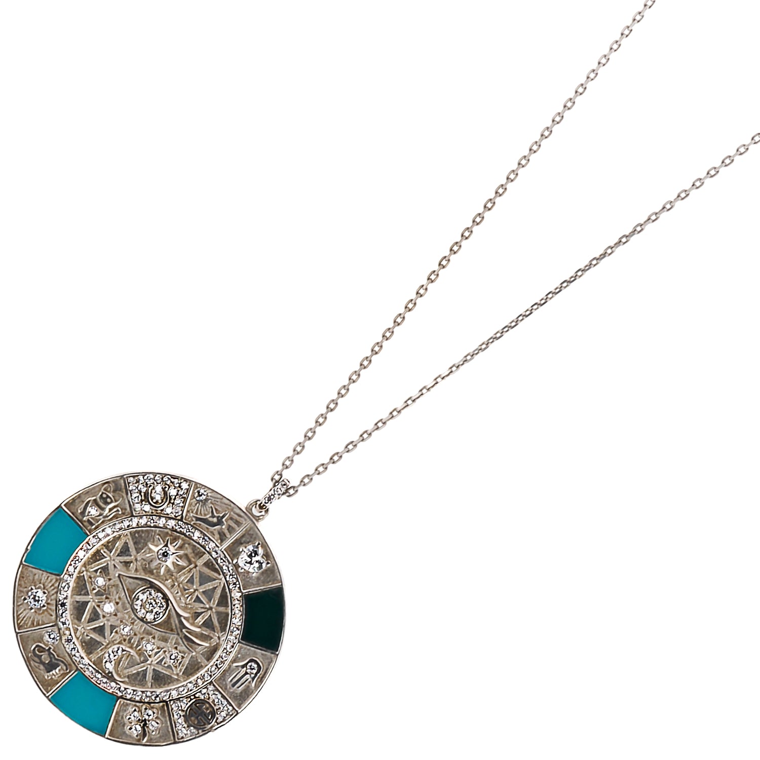 Embrace the power of the Magic Blessings Necklace, adorned with the evil eye, elephant, horseshoe, and hamsa symbols, for a touch of luck and positive energy.