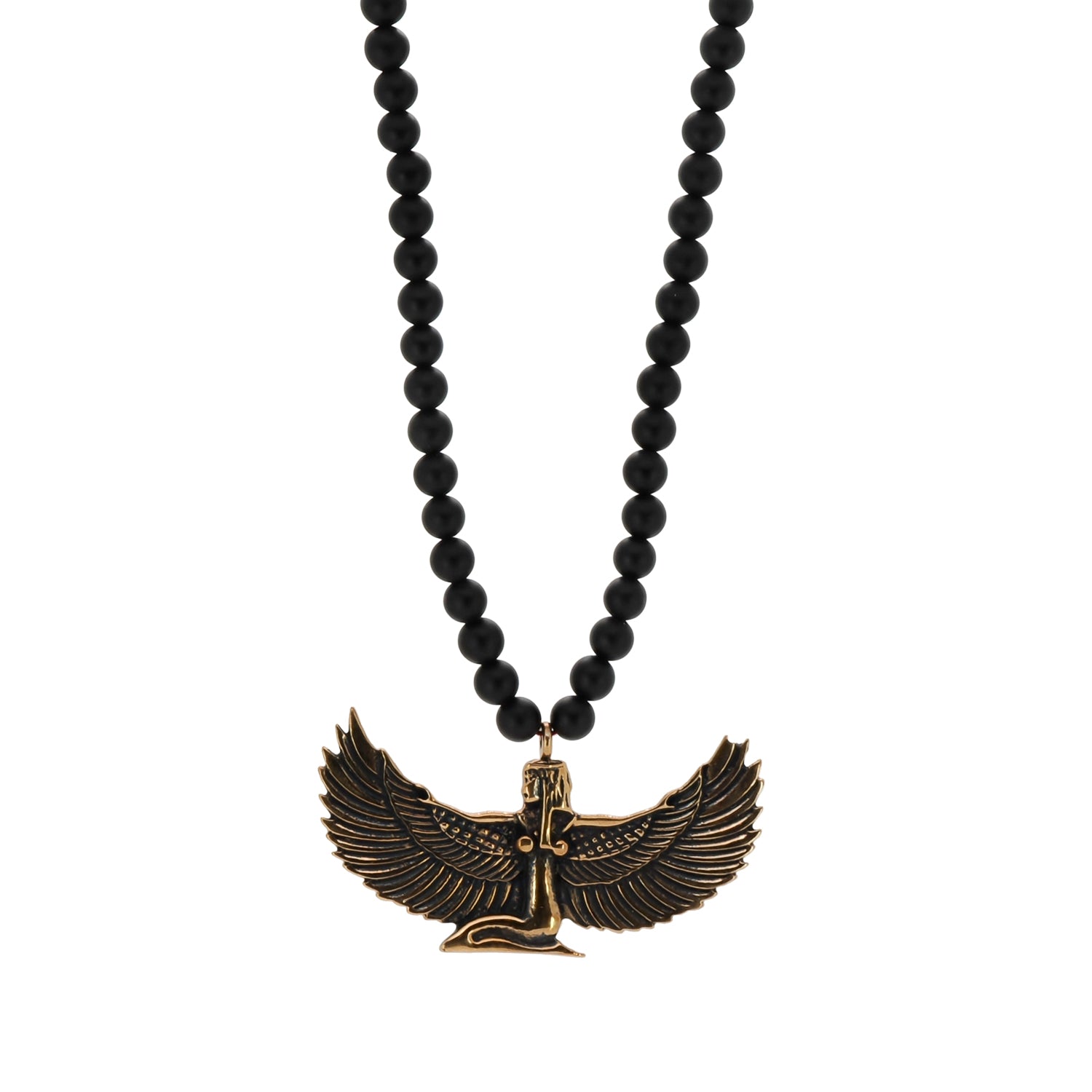 Bronze Isis Pendant Necklace with Black Onyx Beads