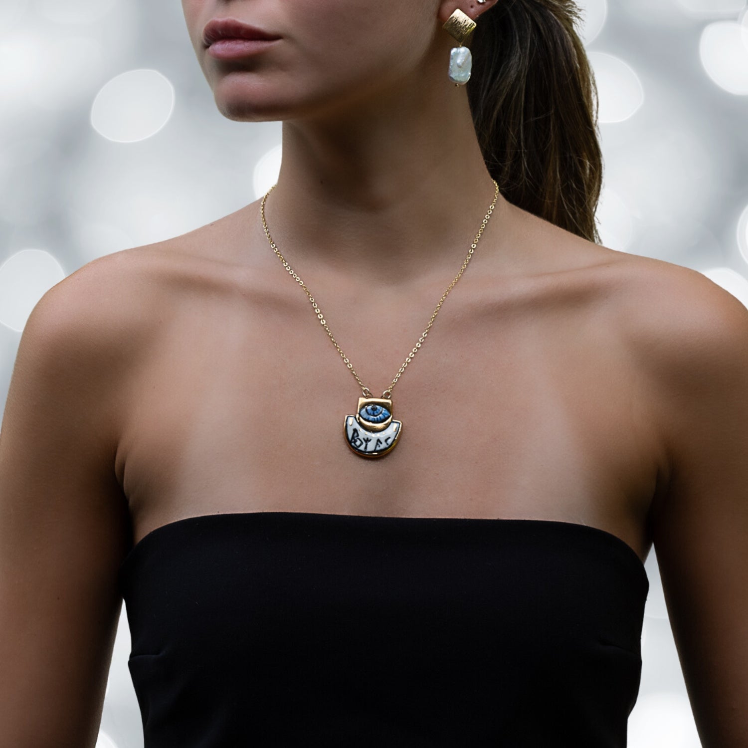 Model Wearing Unique Norse Runes Necklace - Adorned with symbols of ancient wisdom and power.