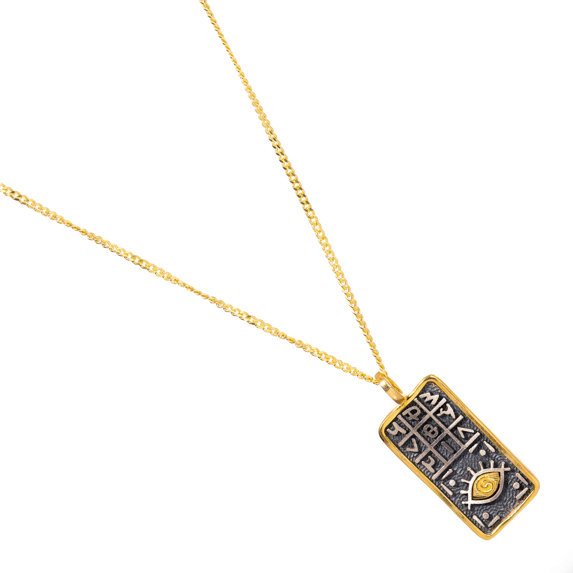 18k gold-plated sterling silver necklace with a rectangular pendant, featuring magical numbers for luck and an evil eye symbol for defense against negativity.