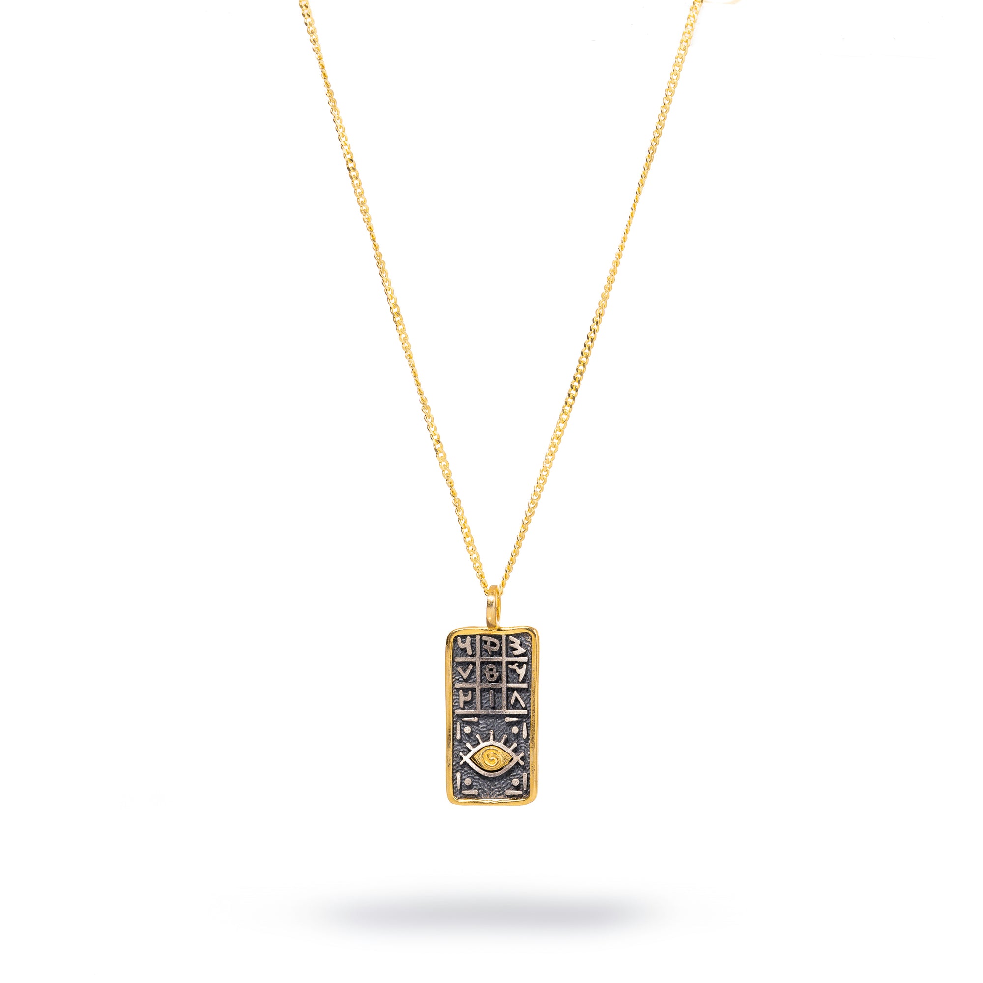 Sterling silver necklace with a rectangular pendant featuring engraved magical numbers on one side and an 18k gold-plated evil eye on the other, offering protection and good fortune.