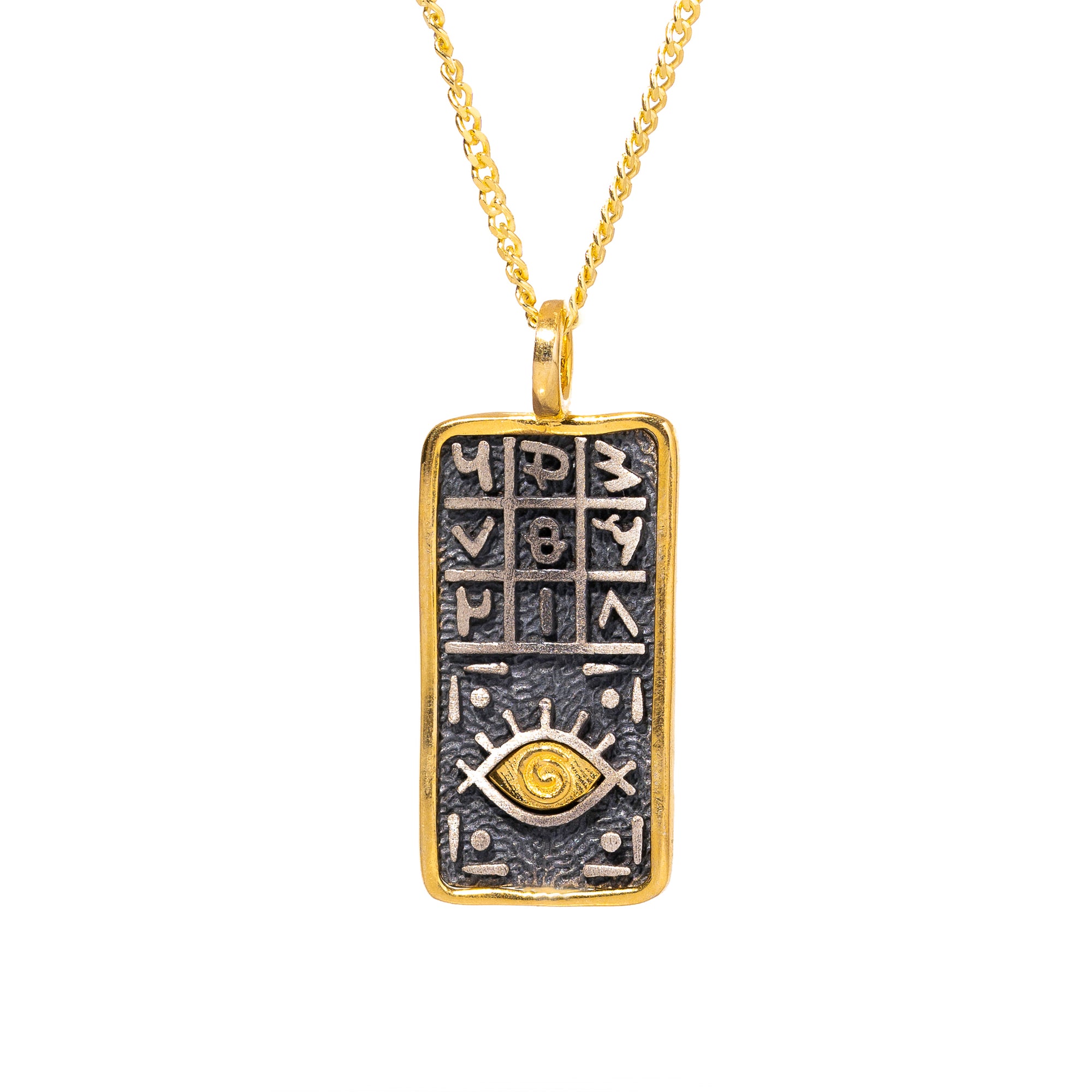 Elegant sterling silver necklace with an 18k gold-plated pendant divided into magical numbers and an evil eye symbol, designed for spiritual guidance and protection.