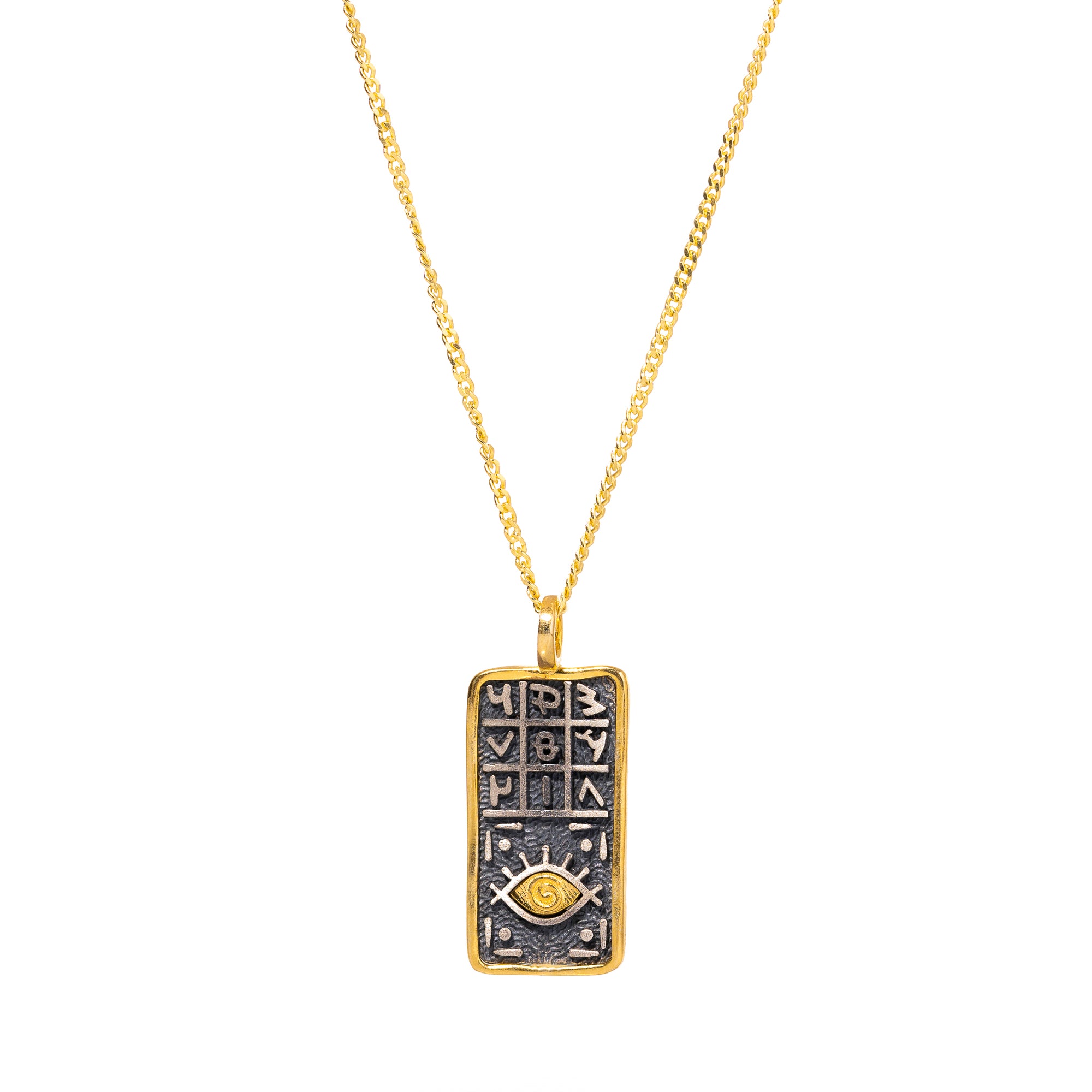 Handcrafted sterling silver necklace with a gold-plated pendant, one half engraved with mystical numbers and the other showcasing an evil eye for protection.