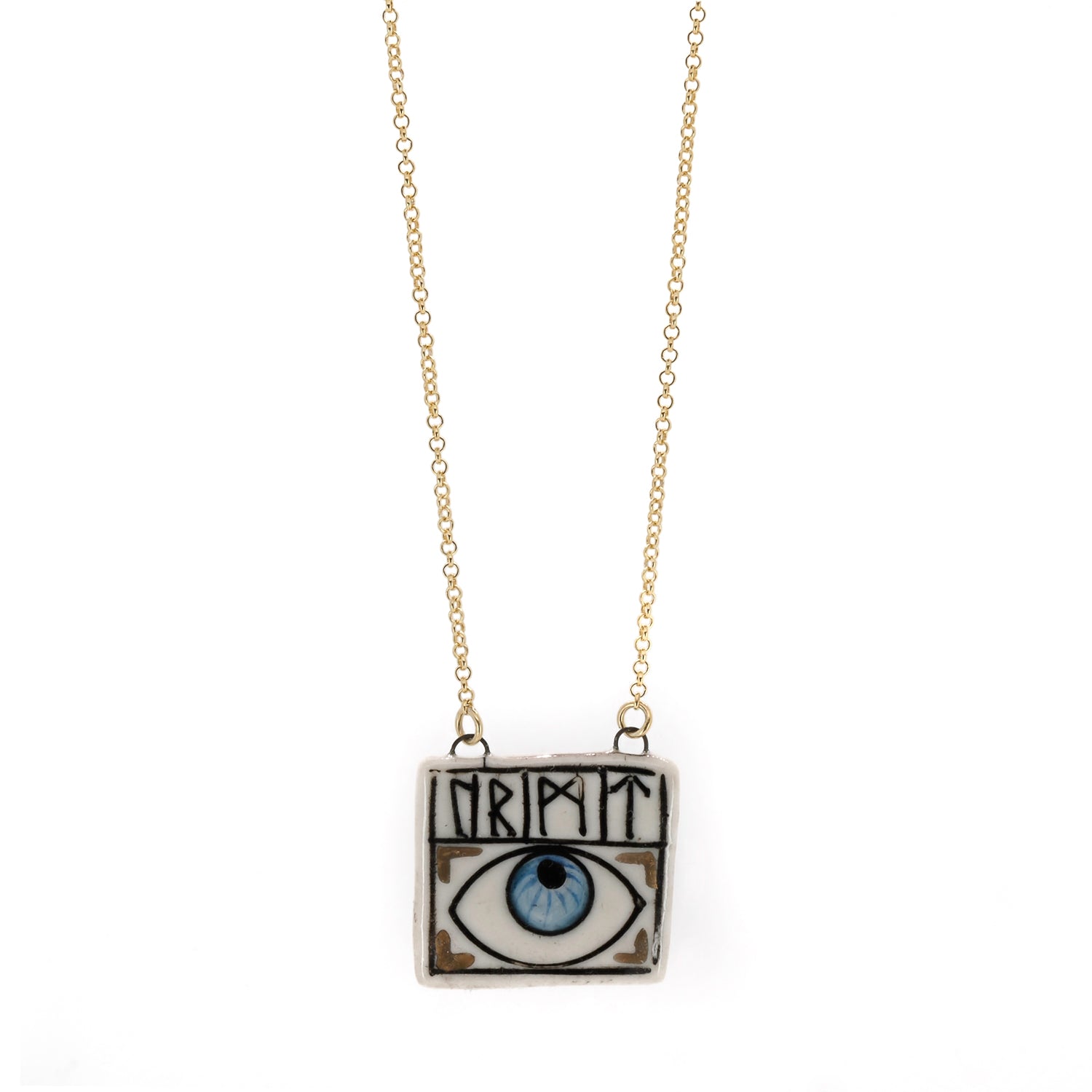 Guardian Evil Eye Magical Norse Runes Symbol Necklace with Hand-Painted Ceramic Pendant