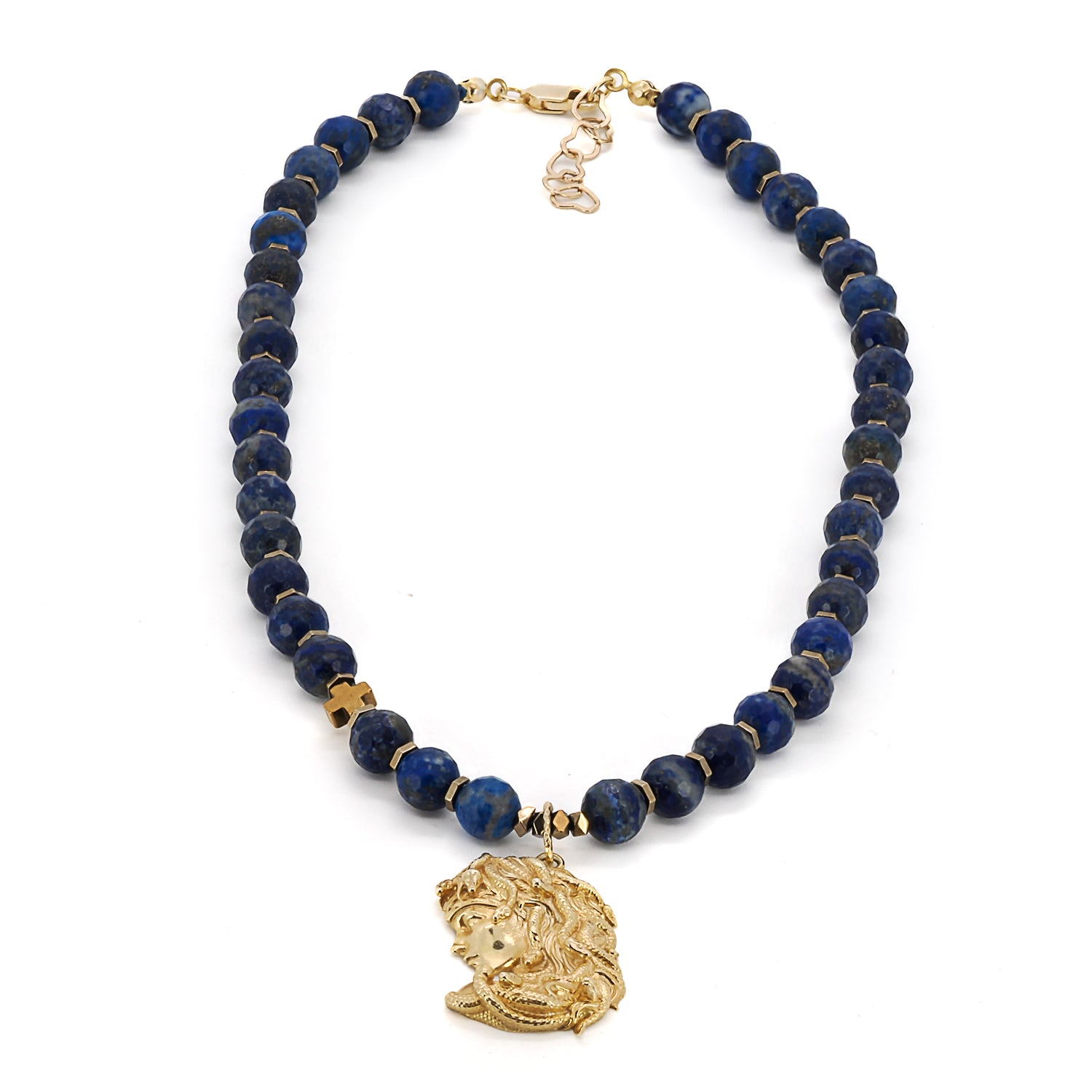 Gold Medusa Pendant Lapis Lazuli Stone Beaded Necklace