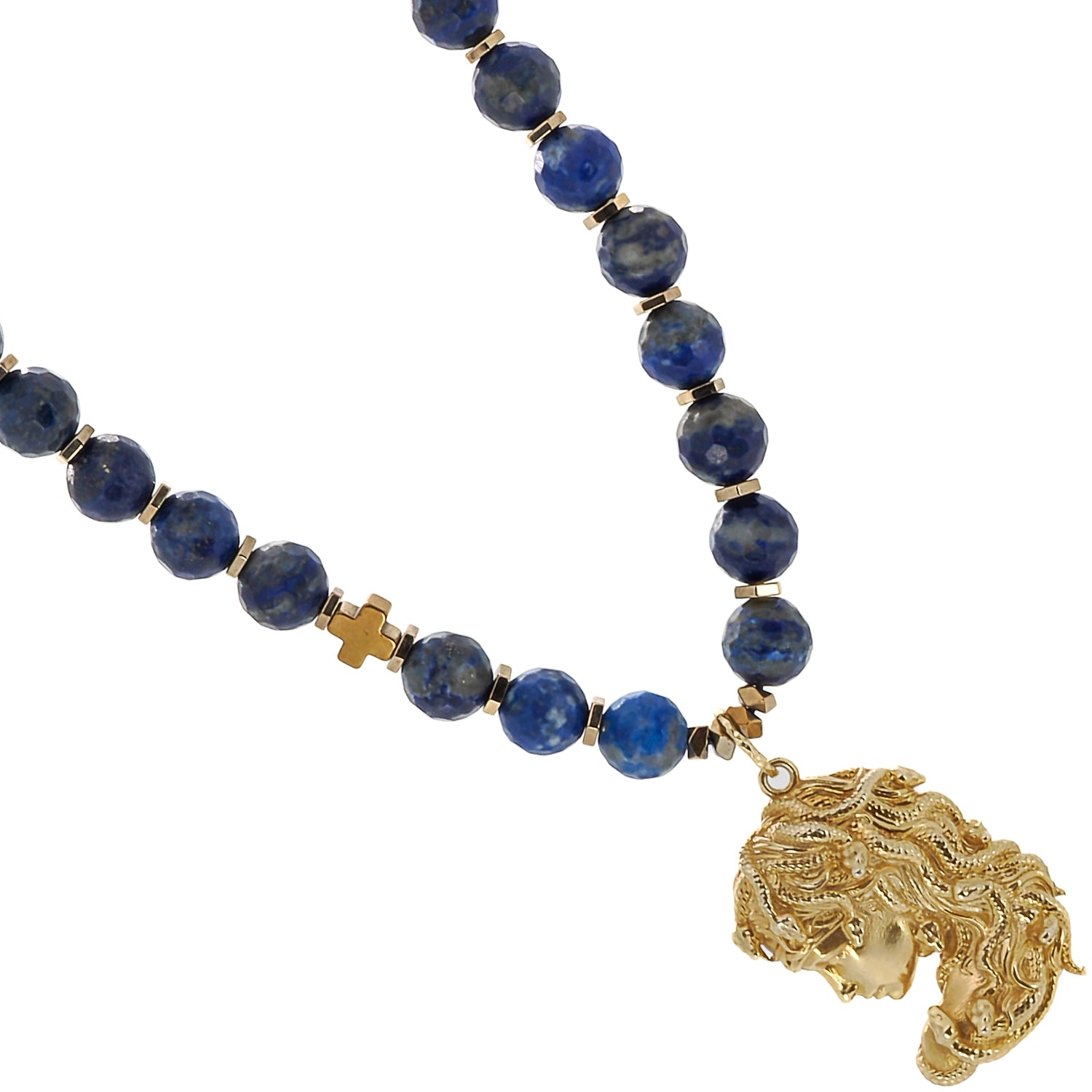 Gold Medusa Pendant Lapis Lazuli Stone Beaded Necklace