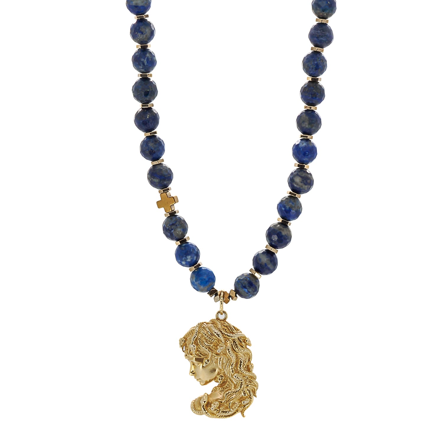 Gold Medusa Pendant Lapis Lazuli Stone Beaded Necklace