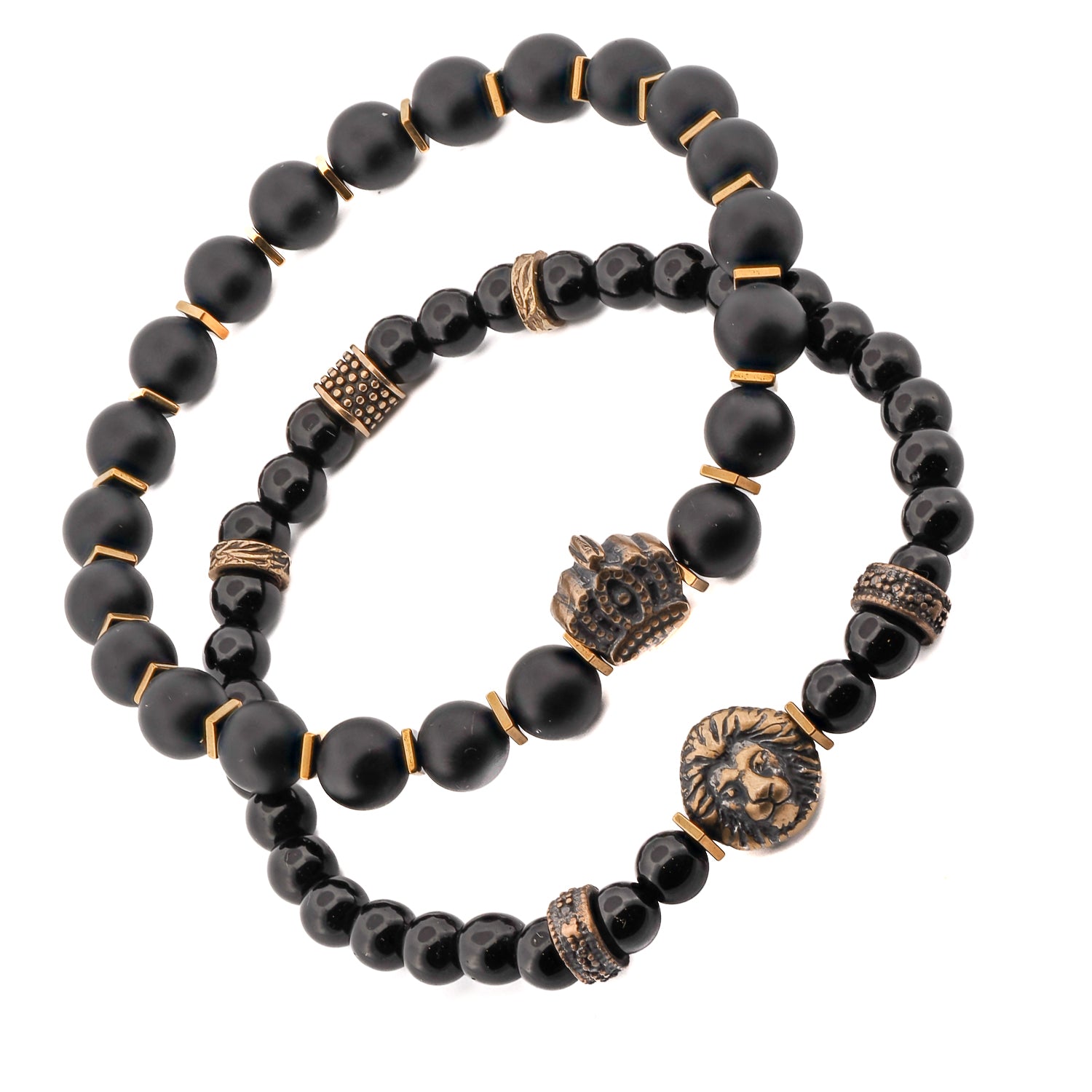 Black Onyx Stone Bracelet Set for Men, Lion and King Charms