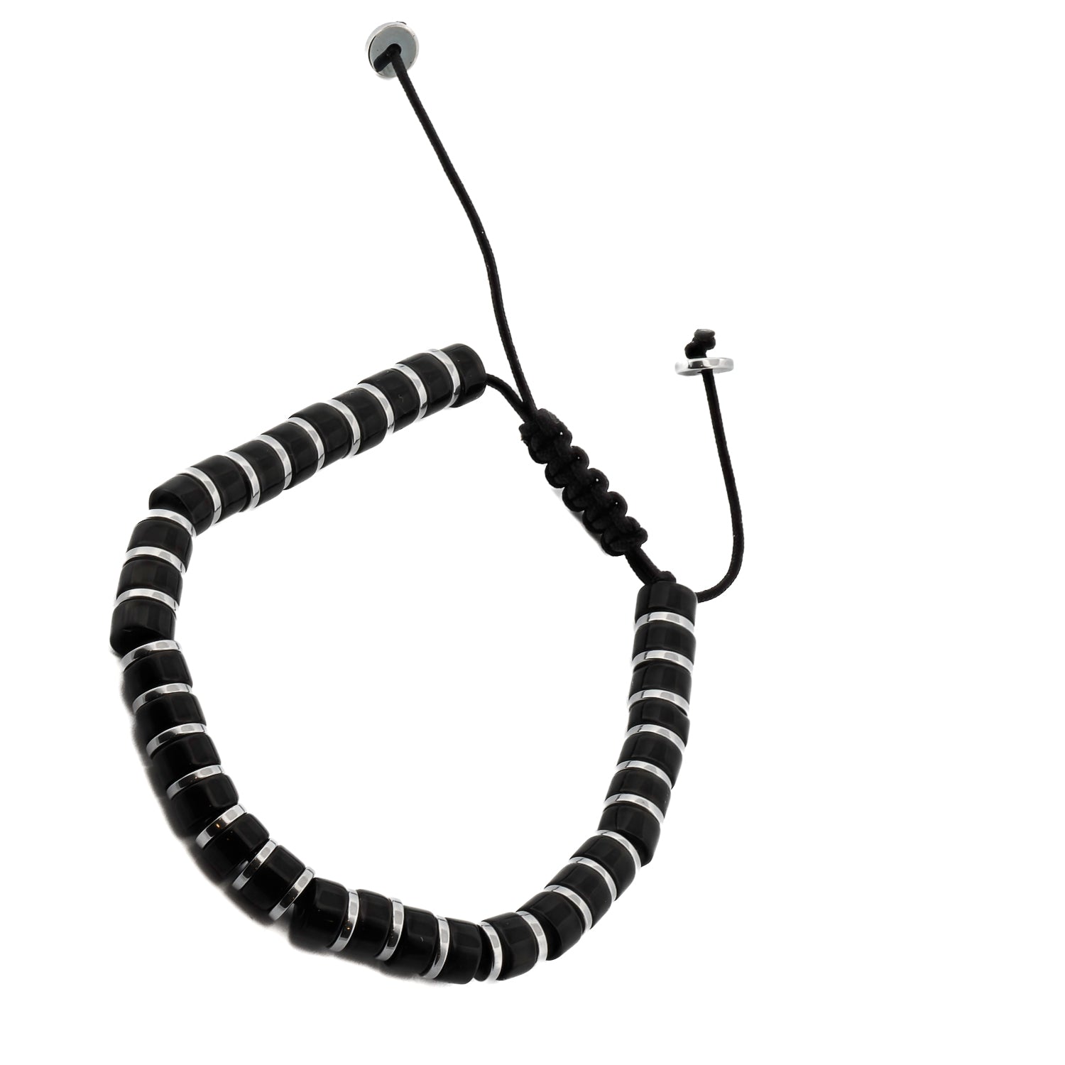 Adjustable Men's Black Onyx Stone Beaded Bracelet with striking onyx nugget beads and metallic hematite accents.