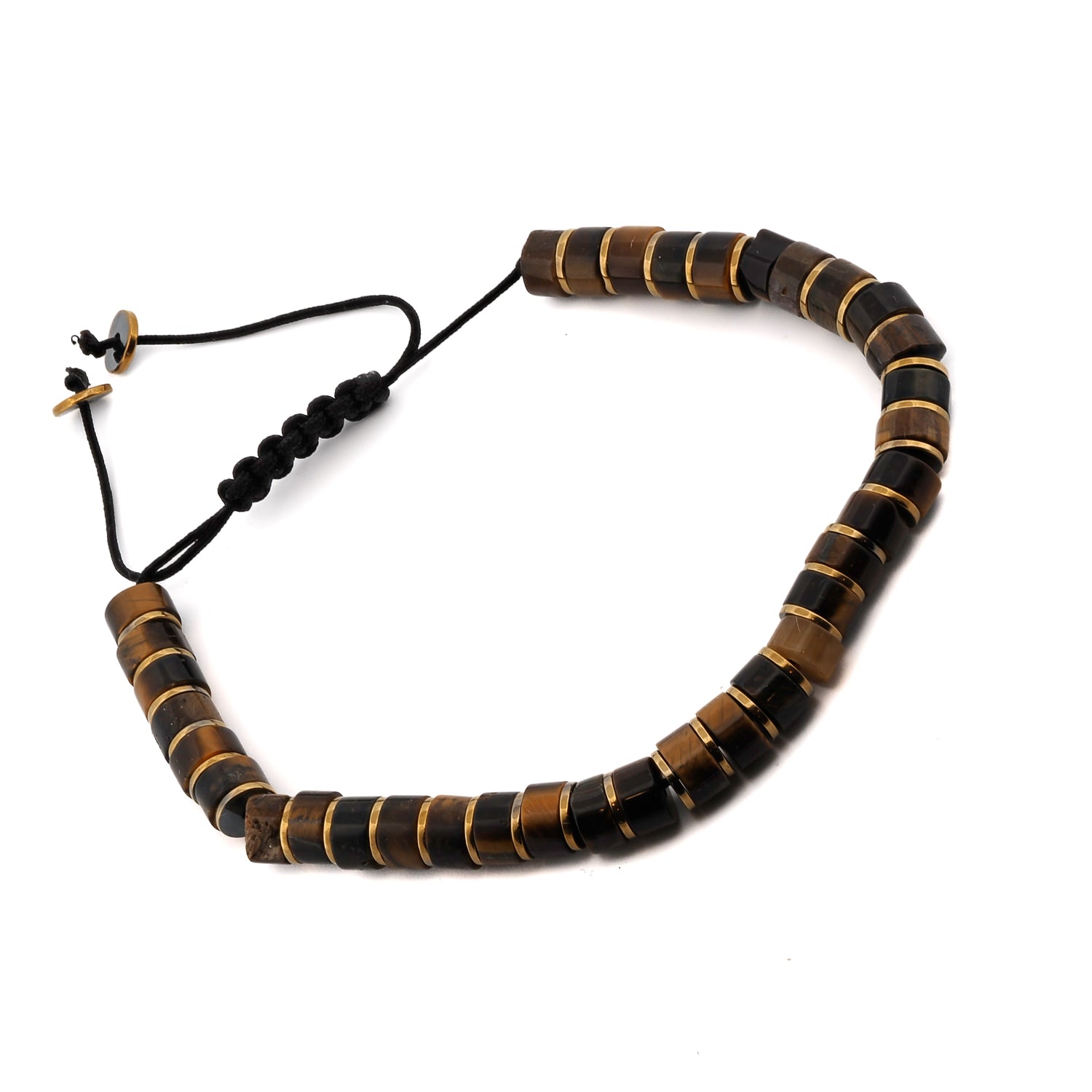 Brown Tiger's Eye Stone Bracelet for Men with Gold Hematite Beads, Adjustable Length
