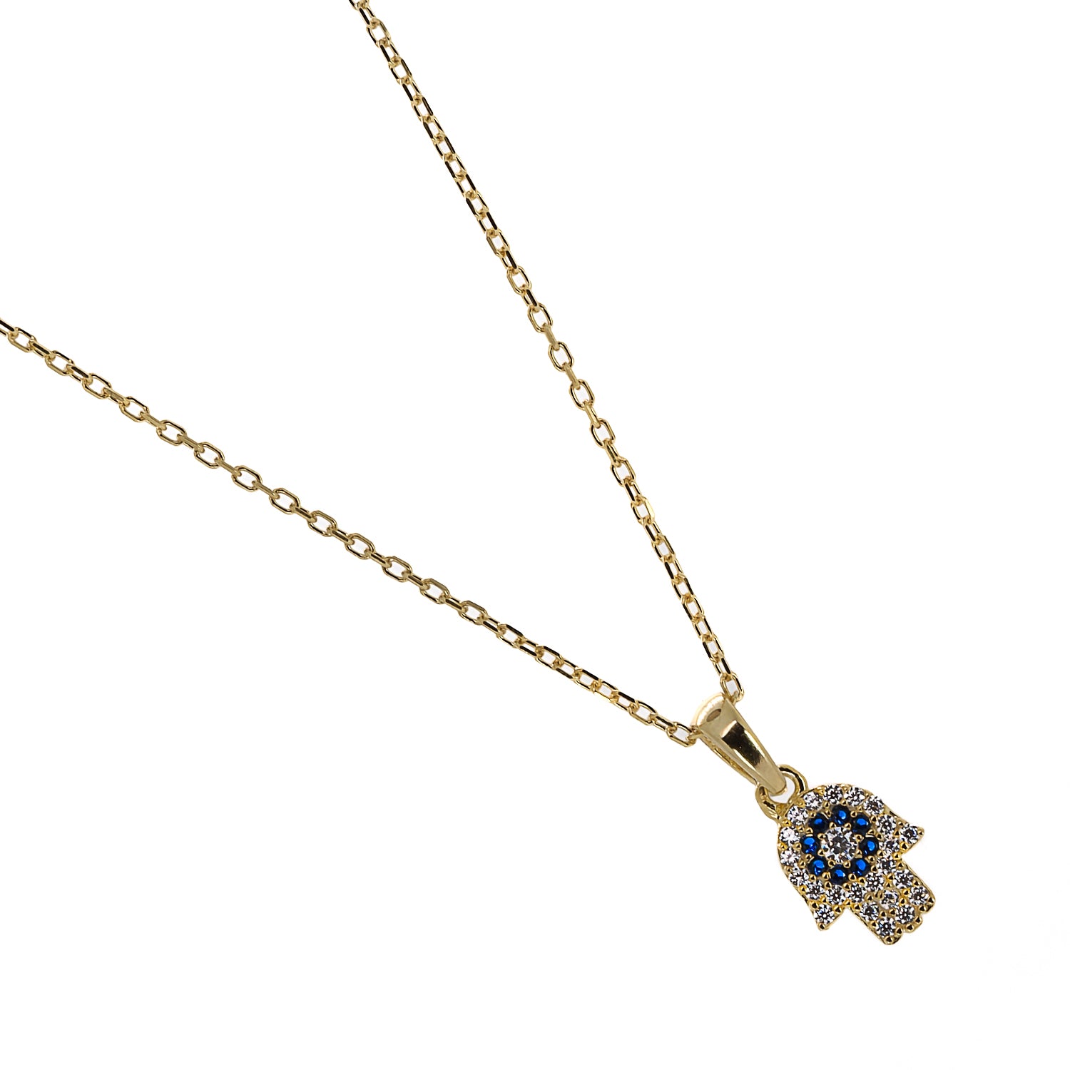 Gold Vermeil Hamsa Hand Pendant Adorned with Meticulously Placed Zircon Stones.
