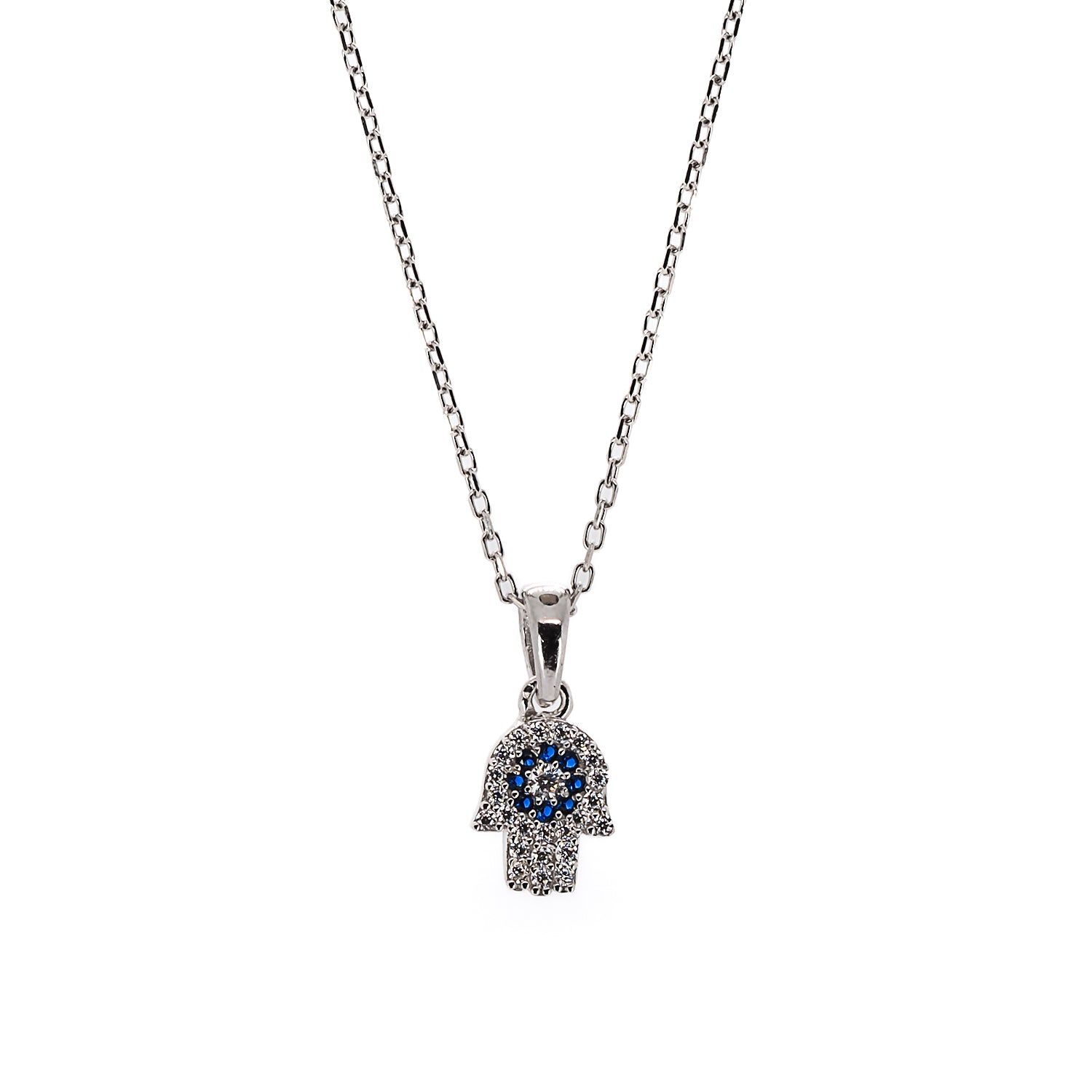 Sterling Silver Hamsa Hand Necklace with Zircon Stones - A Symbol of Protection and Blessings.