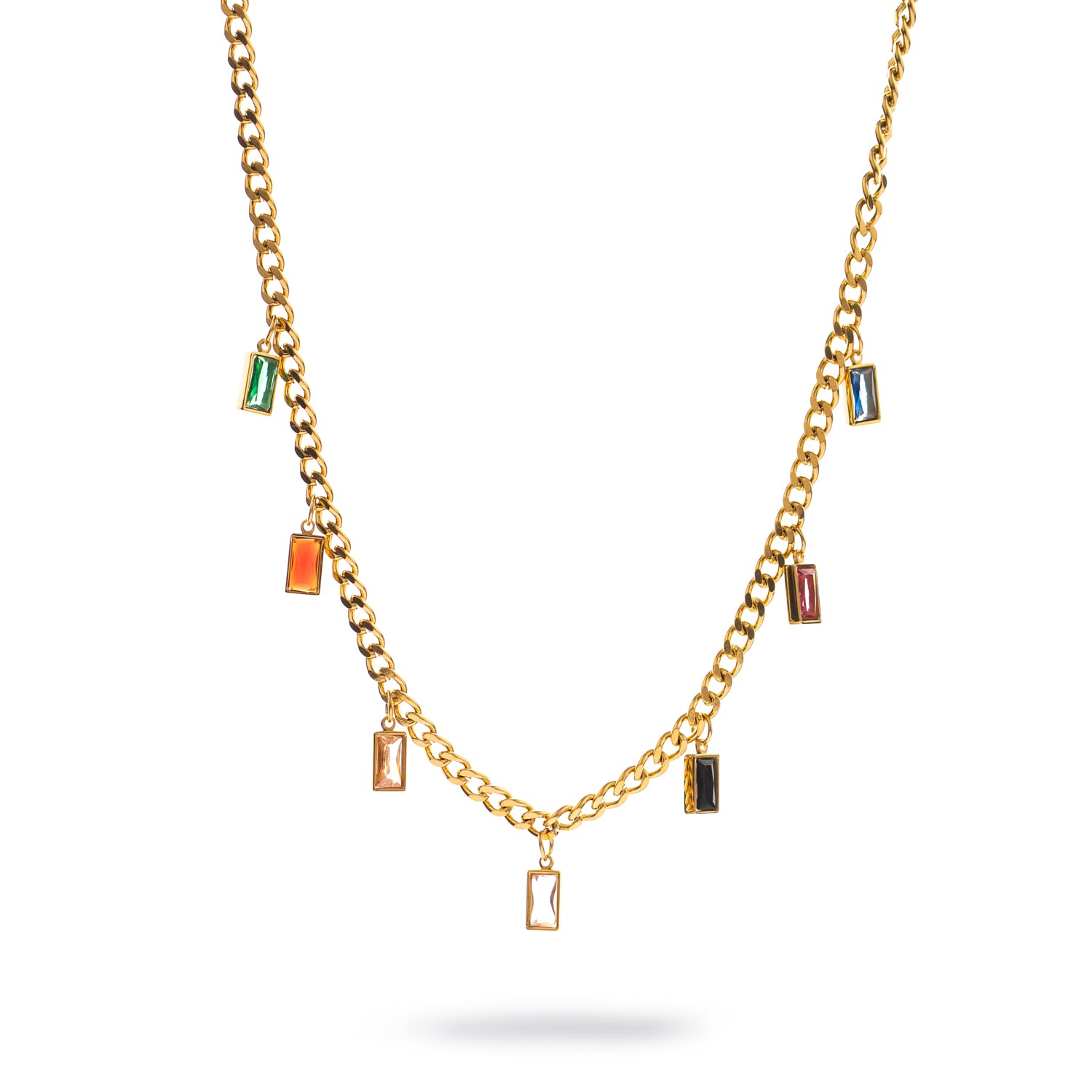 Gold choker necklace with dangling multicolor gemstone charms